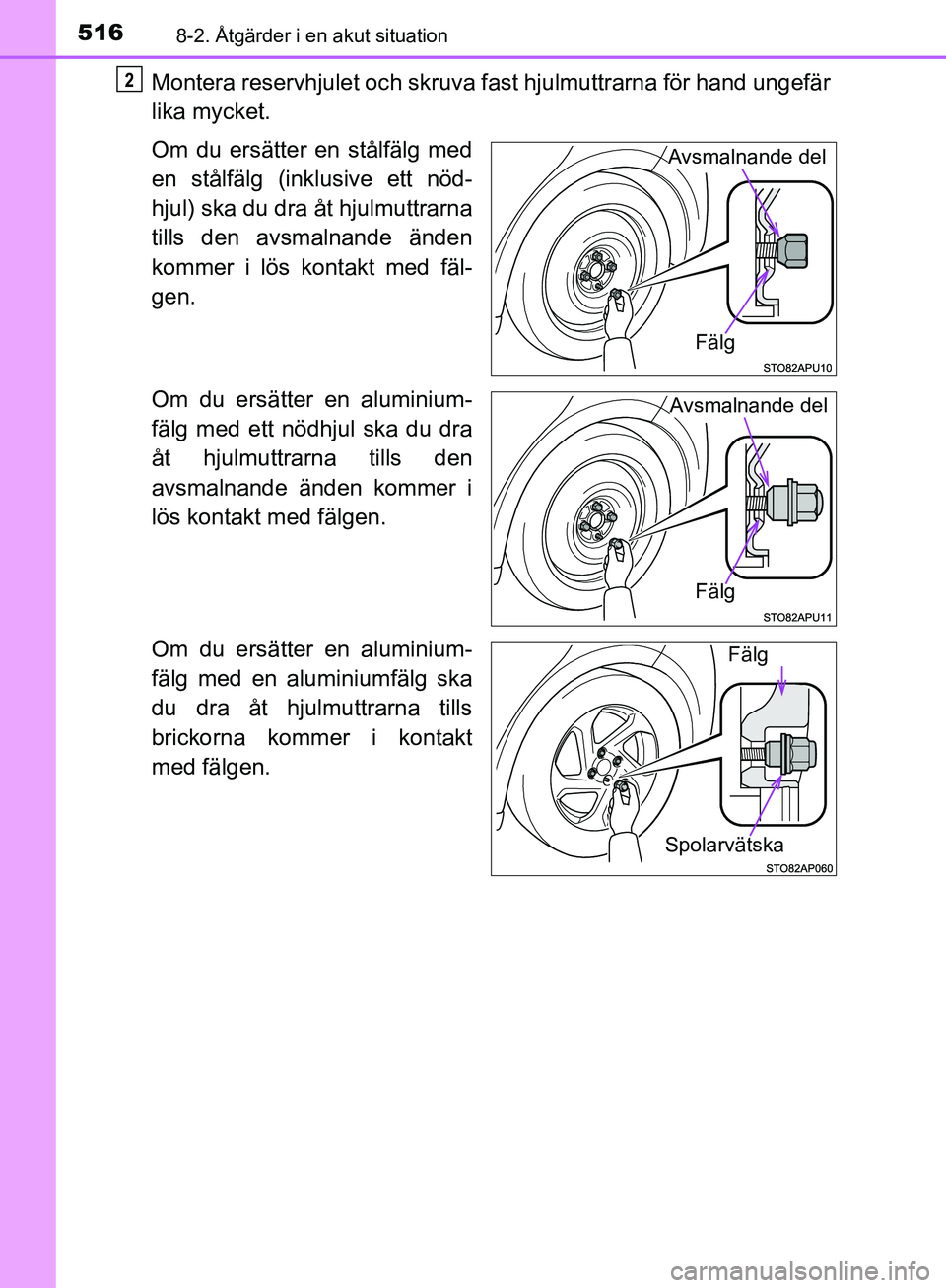 TOYOTA YARIS HATCHBACK 2017 Bruksanvisningar (in Swedish) 5168-2. Åtgärder i en akut situation
YARIS_HV_OM_Europe_OM52J66SE
Montera reservhjulet och skruva fast hjulmuttrarna för hand ungefär
lika mycket.
Om du ersätter en stålfälg med
en stålfälg ( TOYOTA YARIS HATCHBACK 2017 Bruksanvisningar (in Swedish) 5168-2. Åtgärder i en akut situation
YARIS_HV_OM_Europe_OM52J66SE
Montera reservhjulet och skruva fast hjulmuttrarna för hand ungefär
lika mycket.
Om du ersätter en stålfälg med
en stålfälg (