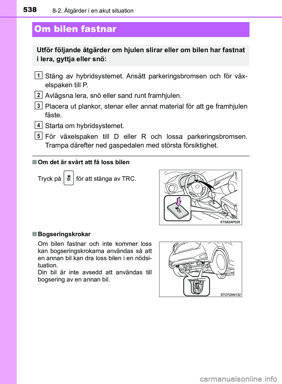 TOYOTA YARIS HATCHBACK 2017 Bruksanvisningar (in Swedish) 5388-2. Åtgärder i en akut situation
YARIS_HV_OM_Europe_OM52J66SE
Om bilen fastnar
Stäng av hybridsystemet. Ansätt parkeringsbromsen och för väx-
elspaken till P.
Avlägsna lera, snö eller sand TOYOTA YARIS HATCHBACK 2017 Bruksanvisningar (in Swedish) 5388-2. Åtgärder i en akut situation
YARIS_HV_OM_Europe_OM52J66SE
Om bilen fastnar
Stäng av hybridsystemet. Ansätt parkeringsbromsen och för väx-
elspaken till P.
Avlägsna lera, snö eller sand