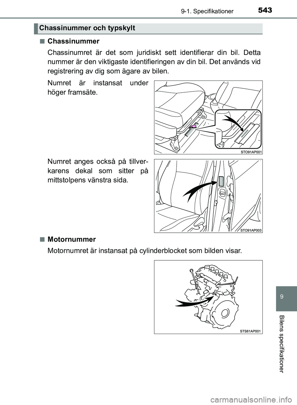 TOYOTA YARIS HATCHBACK 2017 Bruksanvisningar (in Swedish) 5439-1. Specifikationer
9
Bilens specifikationer
YARIS_HV_OM_Europe_OM52J66SEn
Chassinummer
Chassinumret är det som juridiskt
sett identifierar din bil. Detta
nummer är den viktigaste identifie rin TOYOTA YARIS HATCHBACK 2017 Bruksanvisningar (in Swedish) 5439-1. Specifikationer
9
Bilens specifikationer
YARIS_HV_OM_Europe_OM52J66SEn
Chassinummer
Chassinumret är det som juridiskt
sett identifierar din bil. Detta
nummer är den viktigaste identifie rin