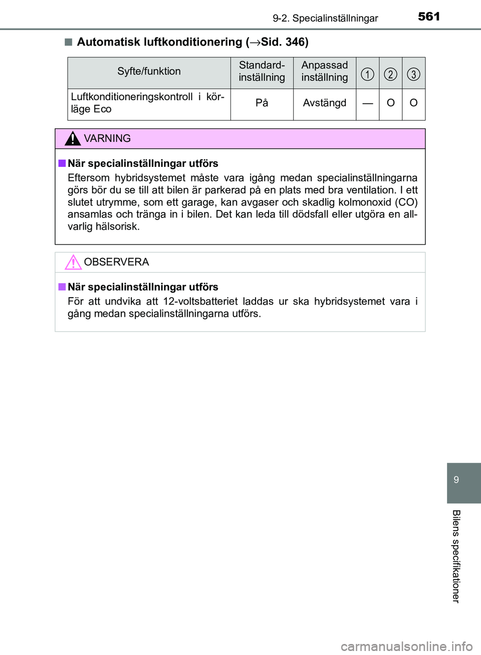 TOYOTA YARIS HATCHBACK 2017 Bruksanvisningar (in Swedish) 5619-2. Specialinställningar
9
Bilens specifikationer
YARIS_HV_OM_Europe_OM52J66SEn
Automatisk luftkonditionering (
→Sid. 346)
Syfte/funktionStandard-
inställningAnpassad
inställning
Luftkondit TOYOTA YARIS HATCHBACK 2017 Bruksanvisningar (in Swedish) 5619-2. Specialinställningar
9
Bilens specifikationer
YARIS_HV_OM_Europe_OM52J66SEn
Automatisk luftkonditionering (
→Sid. 346)
Syfte/funktionStandard-
inställningAnpassad
inställning
Luftkondit