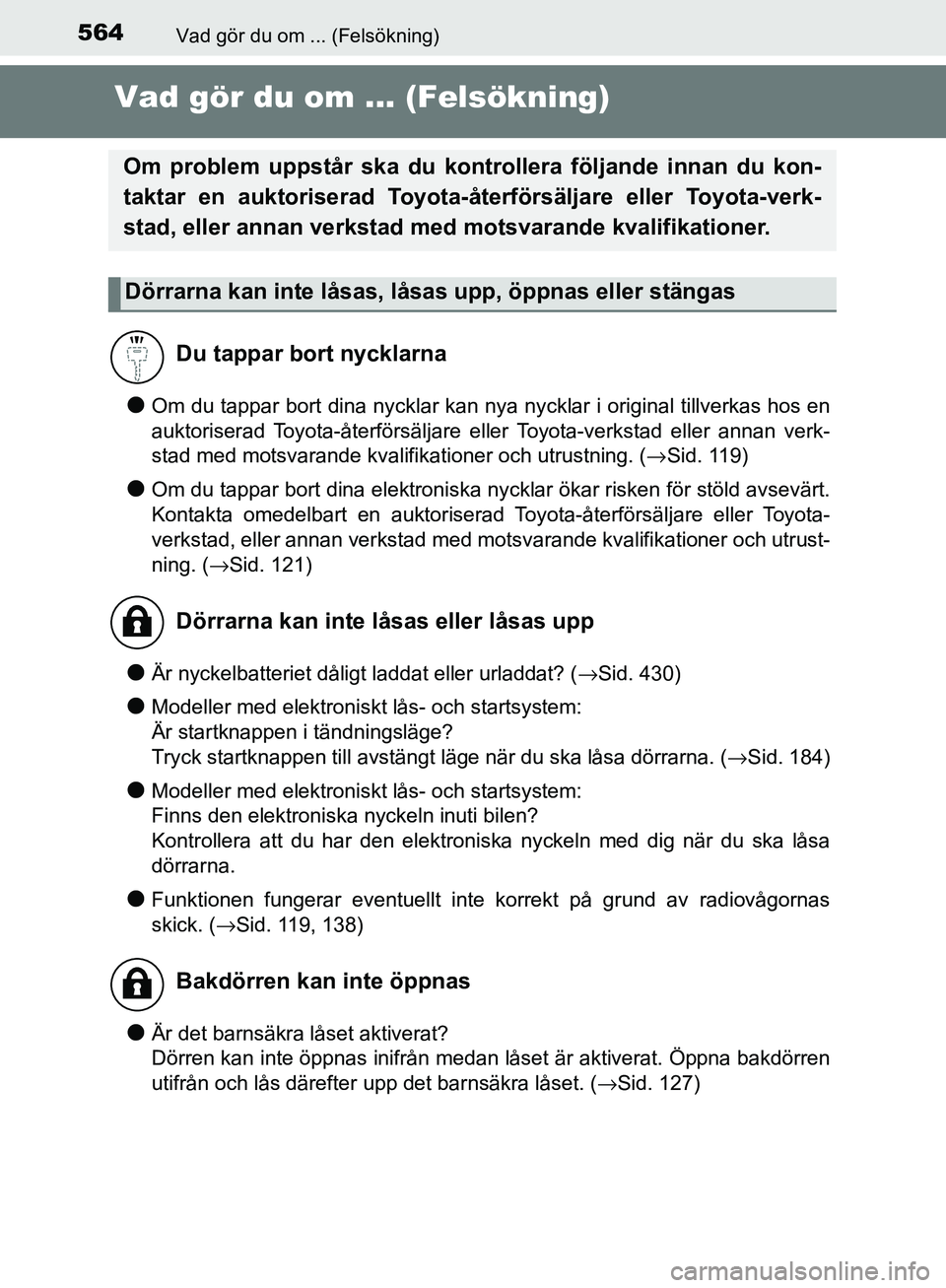 TOYOTA YARIS HATCHBACK 2017 Bruksanvisningar (in Swedish) 564Vad gör du om ... (Felsökning)
YARIS_HV_OM_Europe_OM52J66SE
Vad gör du om ... (Felsökning)
lOm du tappar bort dina nycklar kan nya nycklar i original tillverkas hos en
auktoriserad Toyota-åter TOYOTA YARIS HATCHBACK 2017 Bruksanvisningar (in Swedish) 564Vad gör du om ... (Felsökning)
YARIS_HV_OM_Europe_OM52J66SE
Vad gör du om ... (Felsökning)
lOm du tappar bort dina nycklar kan nya nycklar i original tillverkas hos en
auktoriserad Toyota-åter