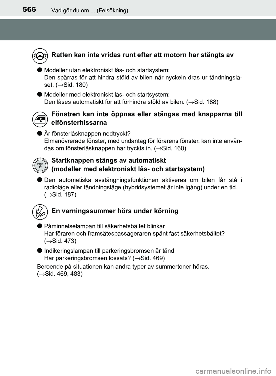 TOYOTA YARIS HATCHBACK 2017 Bruksanvisningar (in Swedish) 566Vad gör du om ... (Felsökning)
YARIS_HV_OM_Europe_OM52J66SE
lModeller utan elektroniskt lås- och startsystem:
Den spärras för att hindra stöld av bilen när nyckeln dras ur tändningslå-
se TOYOTA YARIS HATCHBACK 2017 Bruksanvisningar (in Swedish) 566Vad gör du om ... (Felsökning)
YARIS_HV_OM_Europe_OM52J66SE
lModeller utan elektroniskt lås- och startsystem:
Den spärras för att hindra stöld av bilen när nyckeln dras ur tändningslå-
se