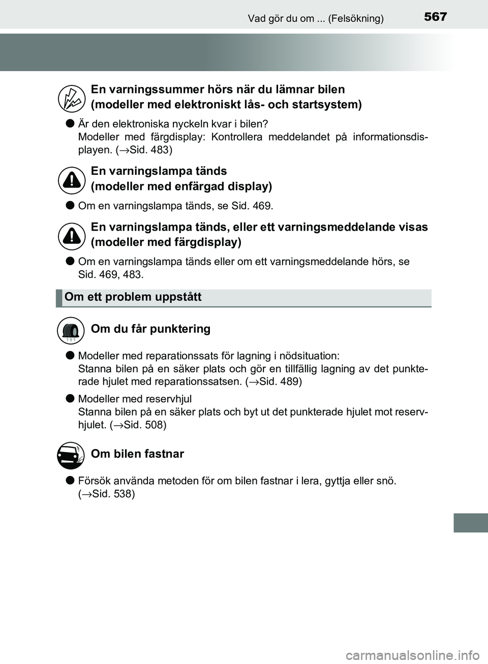 TOYOTA YARIS HATCHBACK 2017 Bruksanvisningar (in Swedish) 567Vad gör du om ... (Felsökning)
YARIS_HV_OM_Europe_OM52J66SE
lÄr den elektroniska nyckeln kvar i bilen?
Modeller med färgdisplay: Kontrollera meddelandet på informationsdis-
playen. (→Sid. 48 TOYOTA YARIS HATCHBACK 2017 Bruksanvisningar (in Swedish) 567Vad gör du om ... (Felsökning)
YARIS_HV_OM_Europe_OM52J66SE
lÄr den elektroniska nyckeln kvar i bilen?
Modeller med färgdisplay: Kontrollera meddelandet på informationsdis-
playen. (→Sid. 48