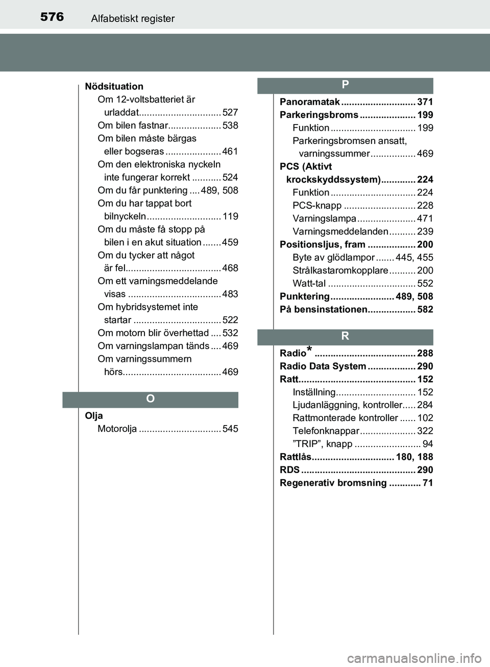 TOYOTA YARIS HATCHBACK 2017 Bruksanvisningar (in Swedish) 576Alfabetiskt register
YARIS_HV_OM_Europe_OM52J66SE
NödsituationOm 12-voltsbatteriet är
urladdat............................... 527
Om bilen fastnar.................... 538
Om bilen måste bärgas TOYOTA YARIS HATCHBACK 2017 Bruksanvisningar (in Swedish) 576Alfabetiskt register
YARIS_HV_OM_Europe_OM52J66SE
NödsituationOm 12-voltsbatteriet är
urladdat............................... 527
Om bilen fastnar.................... 538
Om bilen måste bärgas