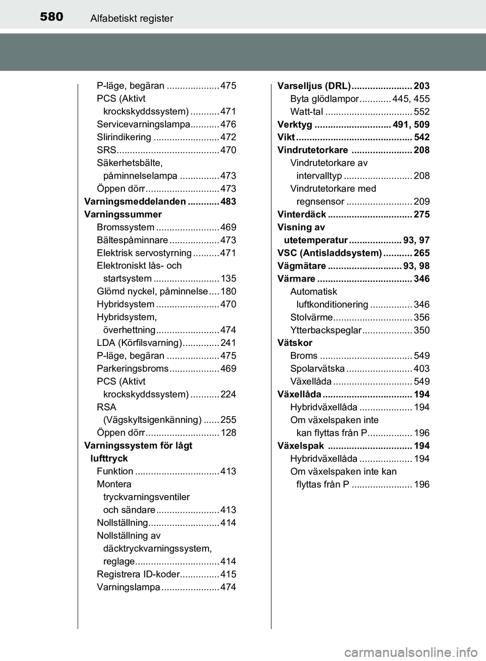 TOYOTA YARIS HATCHBACK 2017 Bruksanvisningar (in Swedish) 580Alfabetiskt register
YARIS_HV_OM_Europe_OM52J66SE
P-läge, begäran .................... 475
PCS (Aktivt krockskyddssystem) ........... 471
Servicevarningslampa........... 476
Slirindikering ...... TOYOTA YARIS HATCHBACK 2017 Bruksanvisningar (in Swedish) 580Alfabetiskt register
YARIS_HV_OM_Europe_OM52J66SE
P-läge, begäran .................... 475
PCS (Aktivt krockskyddssystem) ........... 471
Servicevarningslampa........... 476
Slirindikering ......
