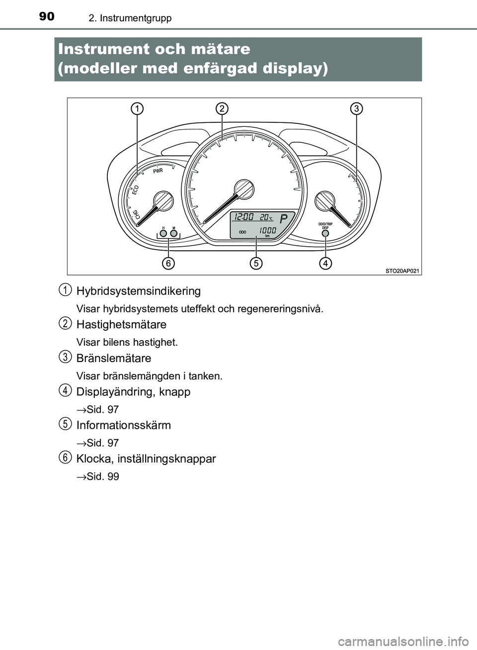 TOYOTA YARIS HATCHBACK 2017 Bruksanvisningar (in Swedish) 902. Instrumentgrupp
YARIS_HV_OM_Europe_OM52J66SE
Instrument och mätare
(modeller med enfärgad display)
Hybridsystemsindikering
Visar hybridsystemets uteffekt och regenereringsnivå.
Hastighetsmät TOYOTA YARIS HATCHBACK 2017 Bruksanvisningar (in Swedish) 902. Instrumentgrupp
YARIS_HV_OM_Europe_OM52J66SE
Instrument och mätare
(modeller med enfärgad display)
Hybridsystemsindikering
Visar hybridsystemets uteffekt och regenereringsnivå.
Hastighetsmät