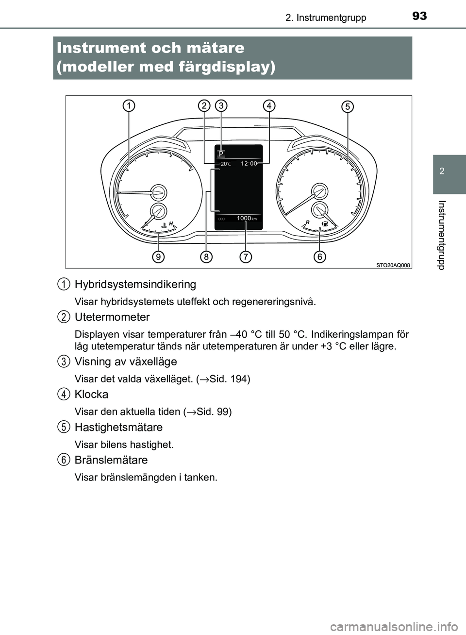 TOYOTA YARIS HATCHBACK 2017 Bruksanvisningar (in Swedish) 93
2
2. Instrumentgrupp
Instrumentgrupp
YARIS_HV_OM_Europe_OM52J66SE
Instrument och mätare
(modeller med färgdisplay)
Hybridsystemsindikering
Visar hybridsystemets uteffekt och regenereringsnivå.
TOYOTA YARIS HATCHBACK 2017 Bruksanvisningar (in Swedish) 93
2
2. Instrumentgrupp
Instrumentgrupp
YARIS_HV_OM_Europe_OM52J66SE
Instrument och mätare
(modeller med färgdisplay)
Hybridsystemsindikering
Visar hybridsystemets uteffekt och regenereringsnivå.