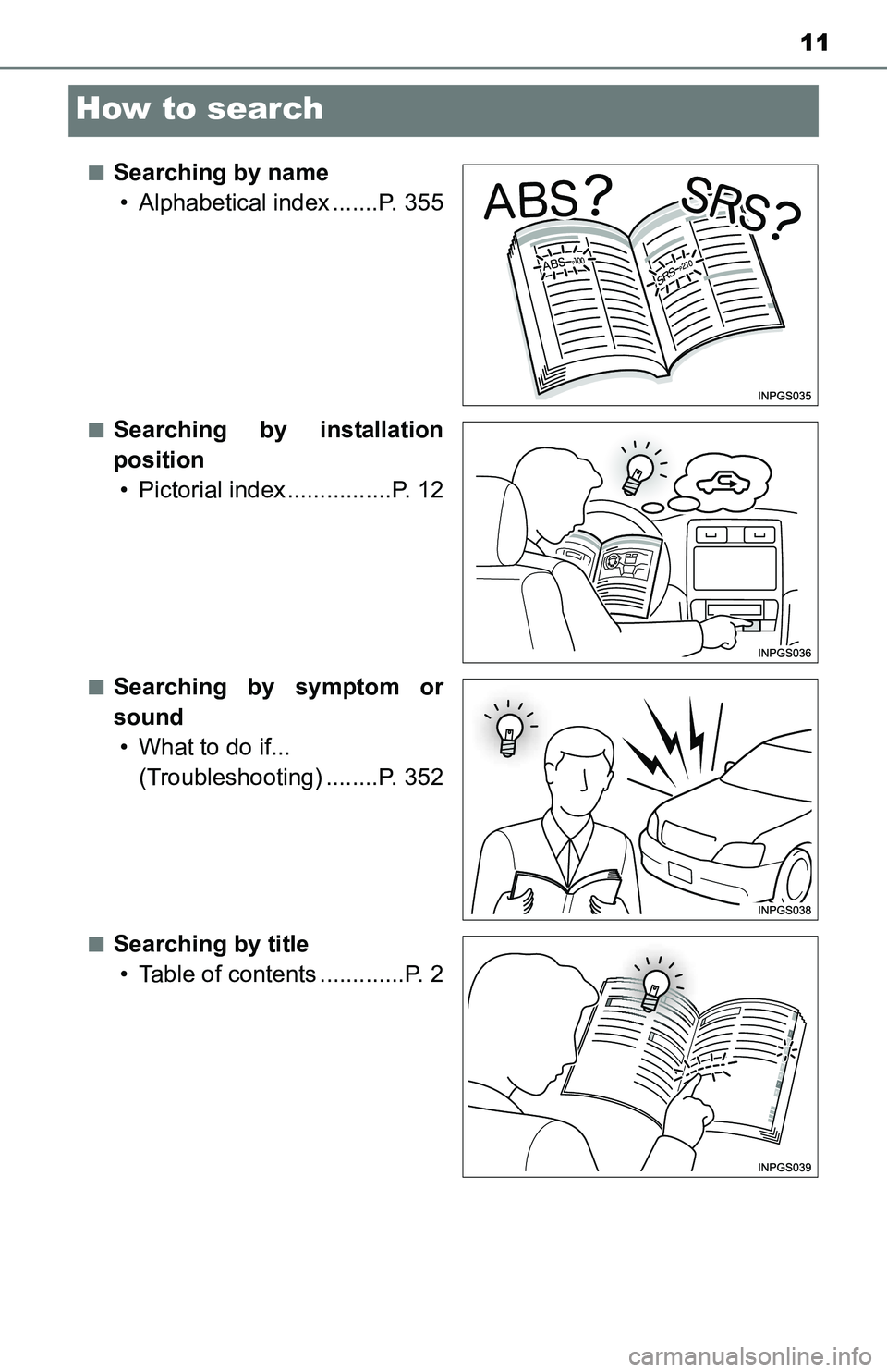 TOYOTA YARIS HATCHBACK 2016 User Guide 11
How to search
■Searching by name• Alphabetical index .......P. 355
■Searching by installation
position• Pictorial index ................P. 12
■Searching by symptom or
sound• What to do TOYOTA YARIS HATCHBACK 2016 User Guide 11
How to search
■Searching by name• Alphabetical index .......P. 355
■Searching by installation
position• Pictorial index ................P. 12
■Searching by symptom or
sound• What to do