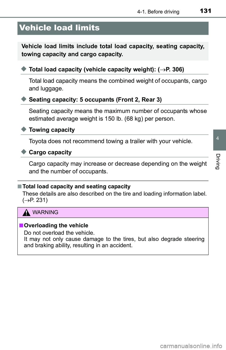 TOYOTA YARIS HATCHBACK 2016  Owners Manual 1314-1. Before driving
4
Driving
Vehicle load limits
◆Total load capacity (vehicle capacity weight): (P. 306)
Total load capacity means the combined weight of occupants, cargo
and luggage.
◆Sea