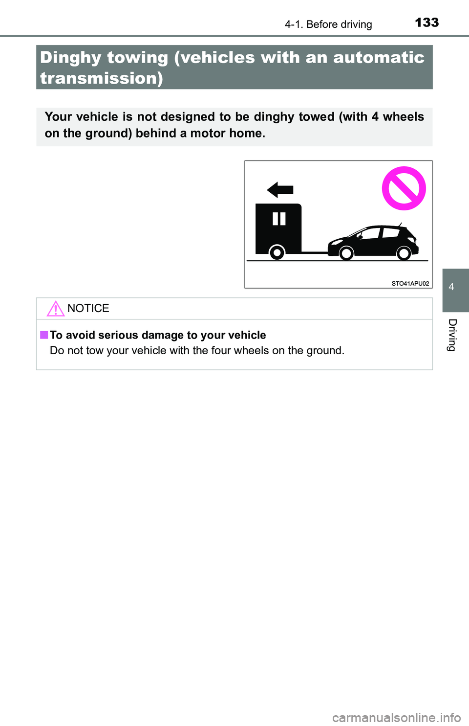 TOYOTA YARIS HATCHBACK 2016  Owners Manual 1334-1. Before driving
4
Driving
Dinghy towing (vehicles with an automatic 
transmission)
Your vehicle is not designed to be dinghy towed (with 4 wheels
on the ground) behind a motor home.
NOTICE
■ 