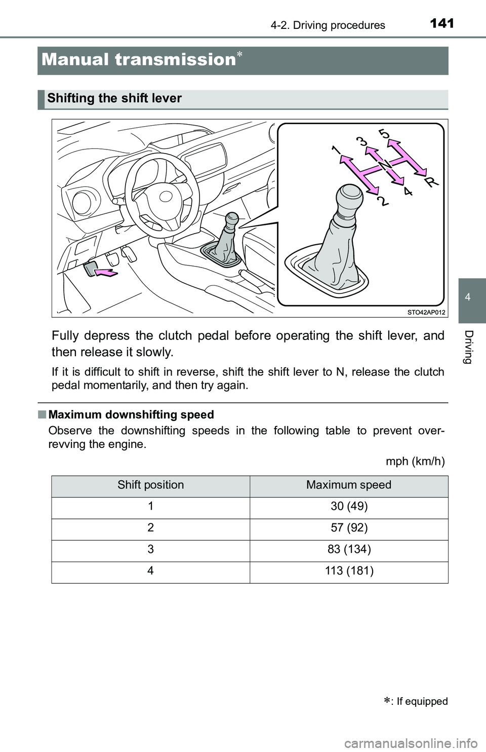 TOYOTA YARIS HATCHBACK 2016  Owners Manual 1414-2. Driving procedures
4
Driving
Manual transmission
Fully depress the clutch pedal before operating the shift lever, and
then release it slowly.
If it is difficult to shift in reverse, shift t