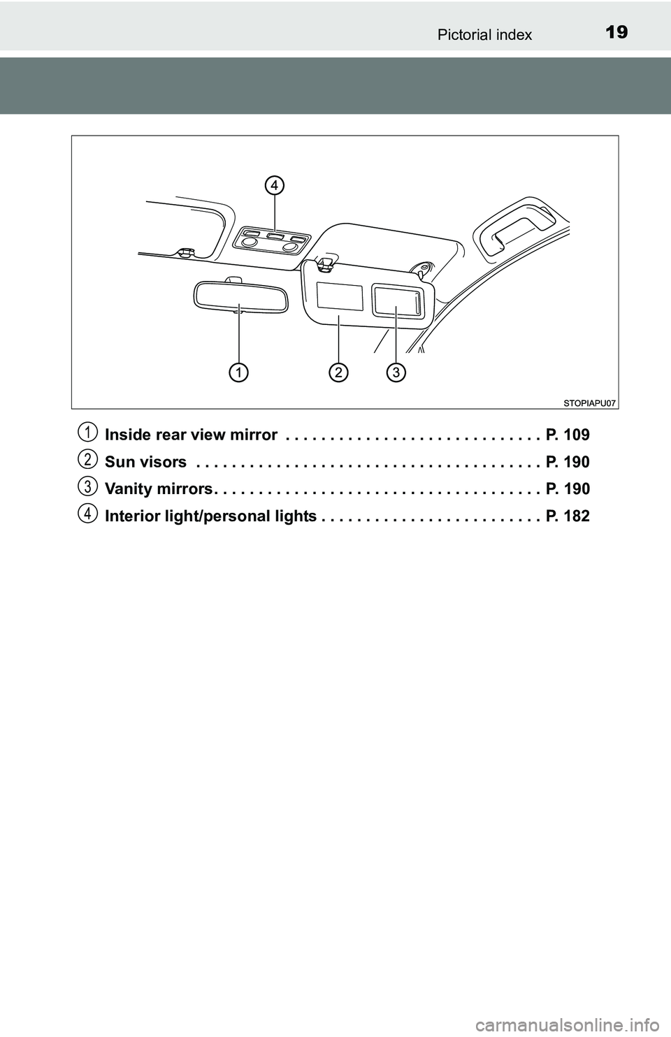 TOYOTA YARIS HATCHBACK 2016 User Guide 19Pictorial index
Inside rear view mirror . . . . . . . . . . . . . . . . . . . . . . . . . . . . . P. 109
Sun visors . . . . . . . . . . . . . . . . . . . . . . . . . . . . . . . . . . . . . . . TOYOTA YARIS HATCHBACK 2016 User Guide 19Pictorial index
Inside rear view mirror . . . . . . . . . . . . . . . . . . . . . . . . . . . . . P. 109
Sun visors . . . . . . . . . . . . . . . . . . . . . . . . . . . . . . . . . . . . . . .