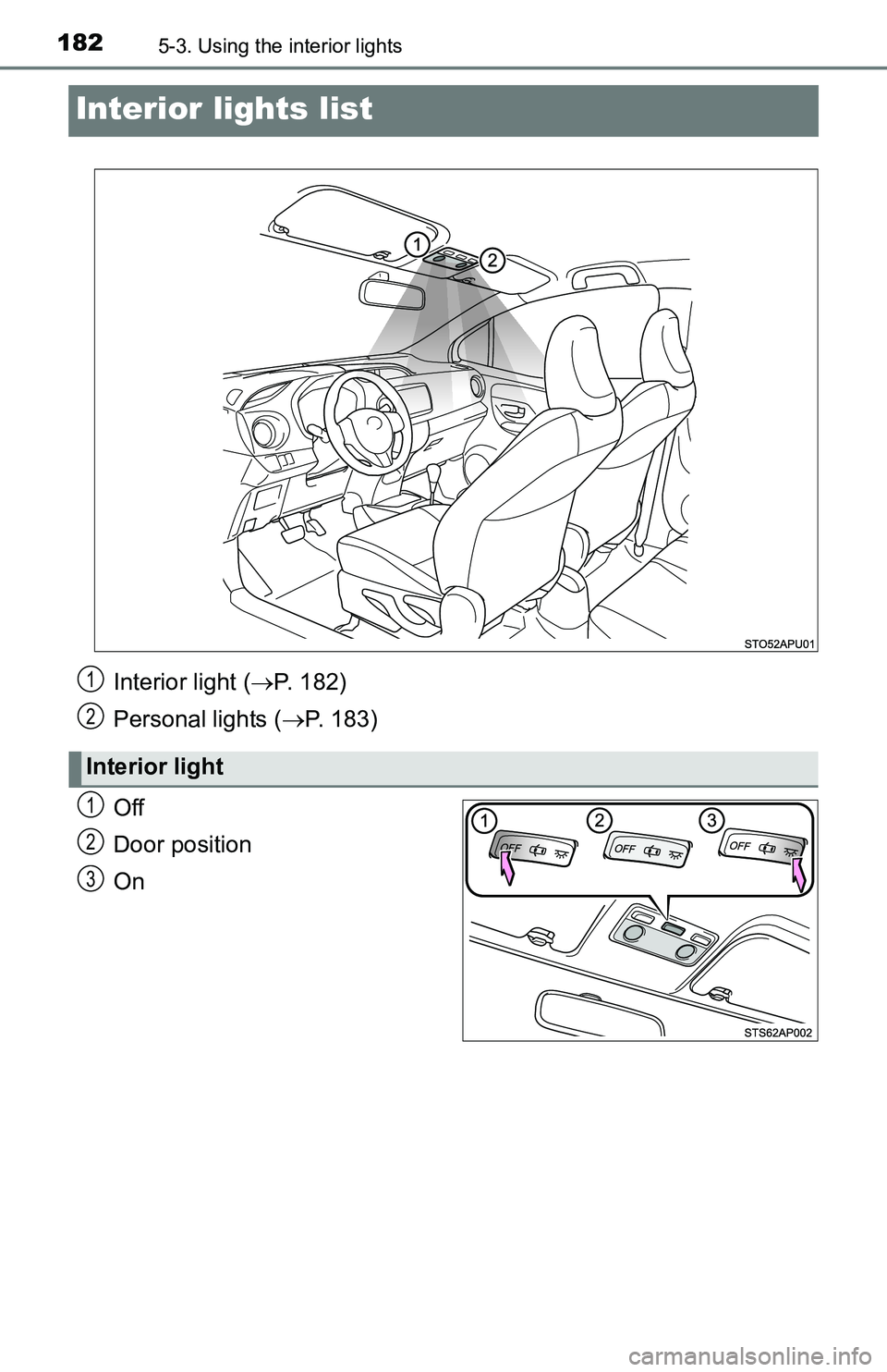 TOYOTA YARIS HATCHBACK 2016  Owners Manual 1825-3. Using the interior lights
Interior lights list
Off
Door position
On
Interior light ( P. 182)
Personal lights ( P. 183)
Interior light
1
2
1
2
3 