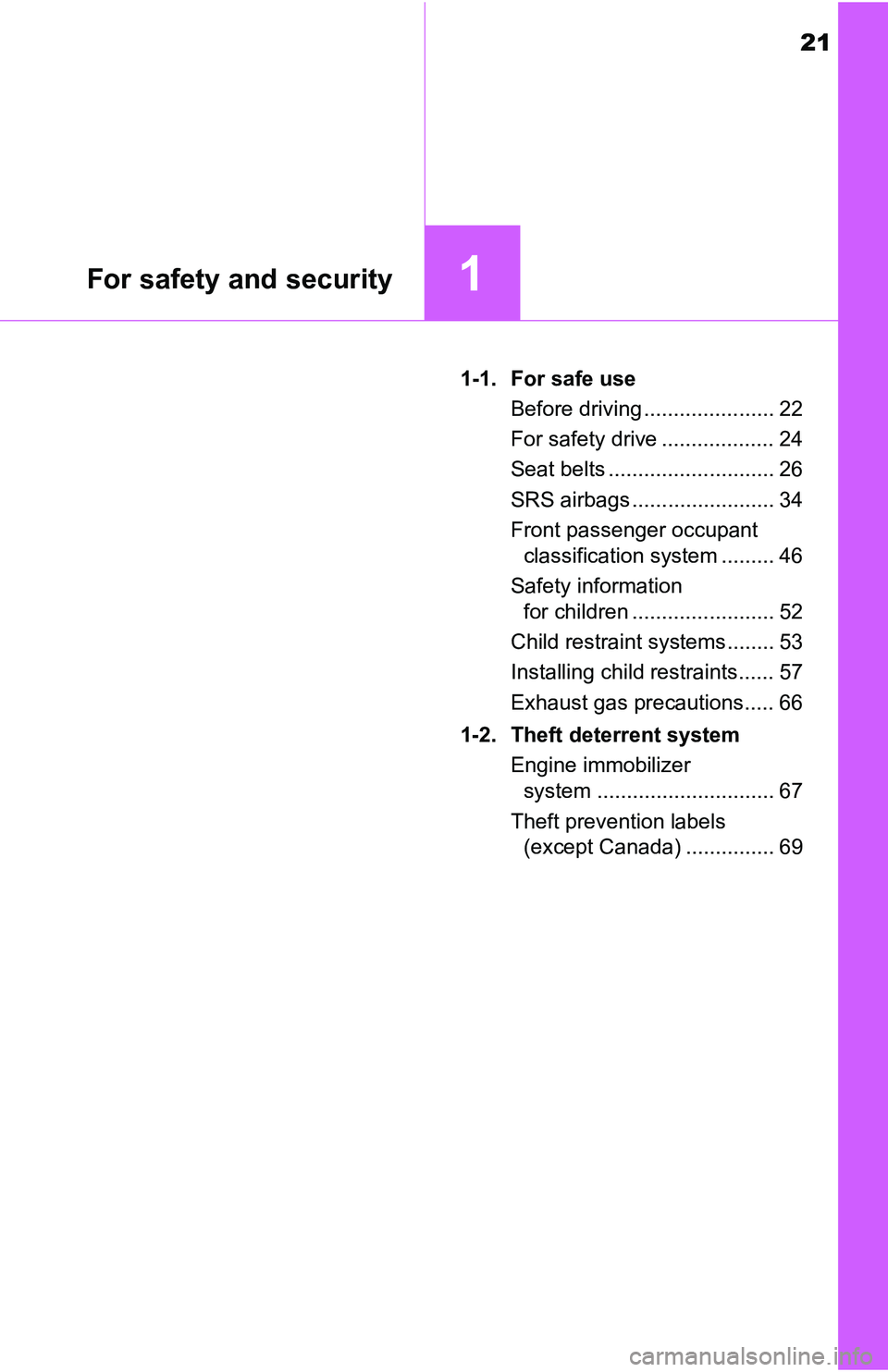 TOYOTA YARIS HATCHBACK 2016 Owners Manual 21
For safety and security1
1-1. For safe useBefore driving ...................... 22
For safety drive ................... 24
Seat belts ............................ 26
SRS airbags ................... TOYOTA YARIS HATCHBACK 2016 Owners Manual 21
For safety and security1
1-1. For safe useBefore driving ...................... 22
For safety drive ................... 24
Seat belts ............................ 26
SRS airbags ...................