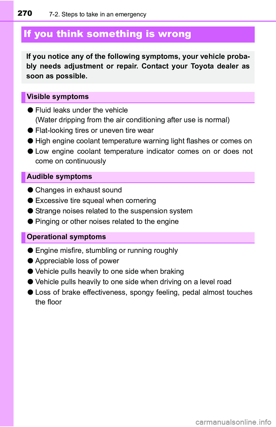 TOYOTA YARIS HATCHBACK 2016  Owners Manual 2707-2. Steps to take in an emergency
If you think something is wrong
●Fluid leaks under the vehicle
(Water dripping from the air co nditioning after use is normal)
● Flat-looking tires or uneven 