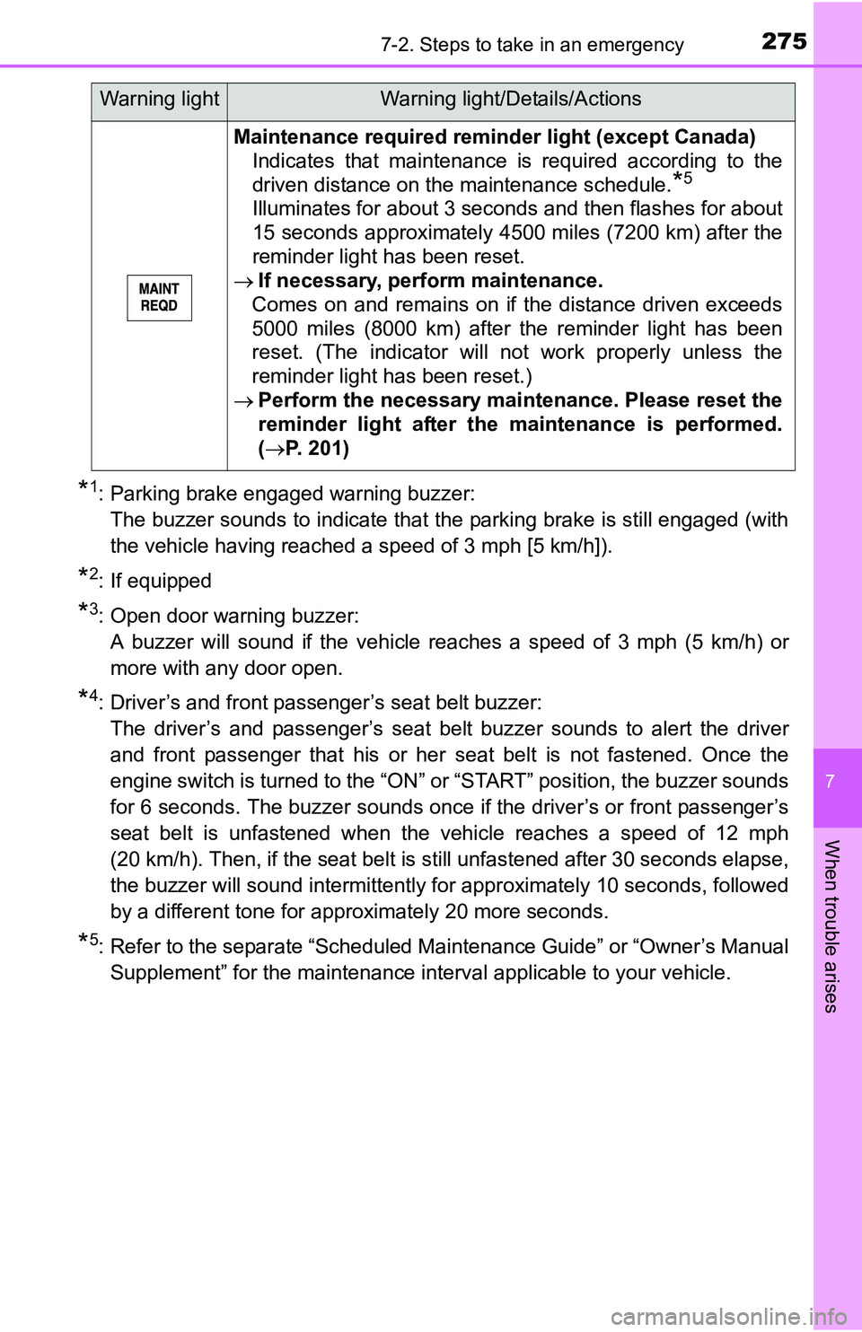 TOYOTA YARIS HATCHBACK 2016  Owners Manual 2757-2. Steps to take in an emergency
7
When trouble arises
*1: Parking brake engaged warning buzzer: The buzzer sounds to indicate that the parking brake is still engaged (with
the vehicle having rea TOYOTA YARIS HATCHBACK 2016  Owners Manual 2757-2. Steps to take in an emergency
7
When trouble arises
*1: Parking brake engaged warning buzzer: The buzzer sounds to indicate that the parking brake is still engaged (with
the vehicle having rea