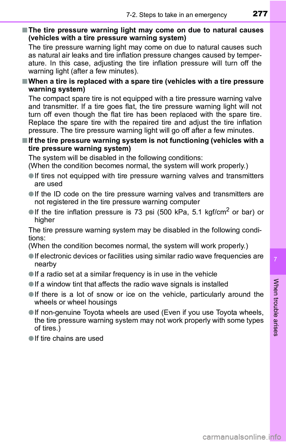 TOYOTA YARIS HATCHBACK 2016  Owners Manual 2777-2. Steps to take in an emergency
7
When trouble arises
■The tire pressure warning light may come on due to natural causes
(vehicles with a tire pressure warning system)
The tire pressure warnin TOYOTA YARIS HATCHBACK 2016  Owners Manual 2777-2. Steps to take in an emergency
7
When trouble arises
■The tire pressure warning light may come on due to natural causes
(vehicles with a tire pressure warning system)
The tire pressure warnin