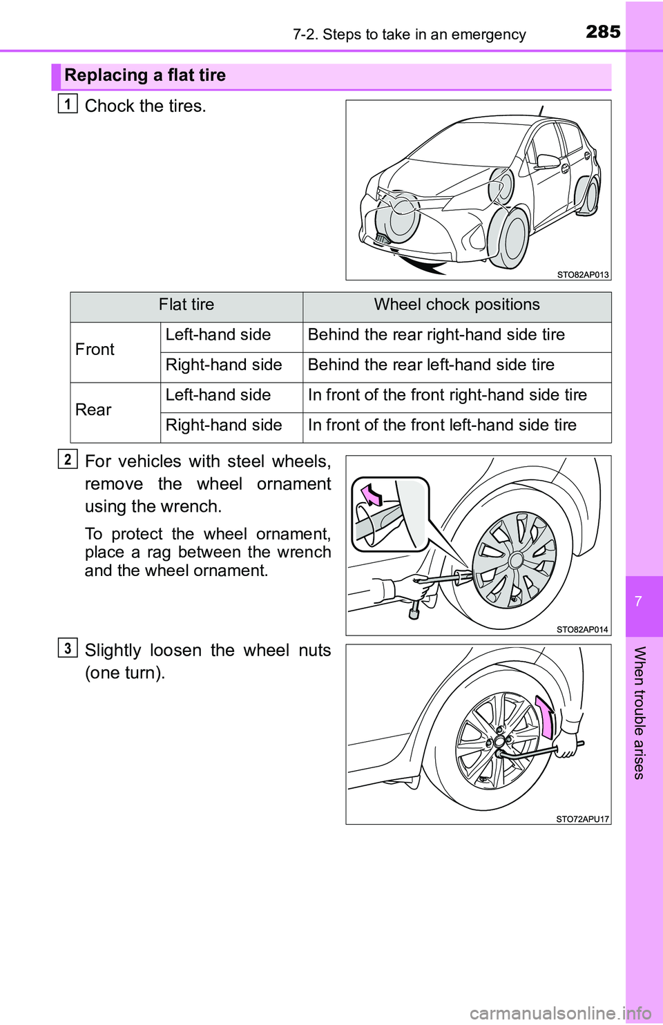 TOYOTA YARIS HATCHBACK 2016  Owners Manual 2857-2. Steps to take in an emergency
7
When trouble arises
Chock the tires.
For vehicles with steel wheels,
remove the wheel ornament
using the wrench.
To protect the wheel ornament,
place a rag betw