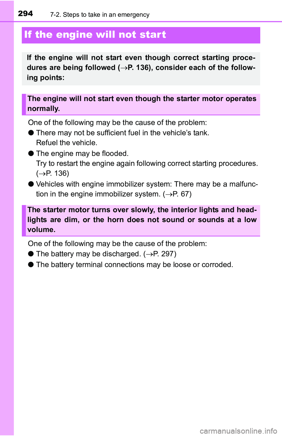 TOYOTA YARIS HATCHBACK 2016  Owners Manual 2947-2. Steps to take in an emergency
If the engine will not start
One of the following may be the cause of the problem:
●There may not be sufficient fuel in the vehicle’s tank. 
Refuel the vehicl TOYOTA YARIS HATCHBACK 2016  Owners Manual 2947-2. Steps to take in an emergency
If the engine will not start
One of the following may be the cause of the problem:
●There may not be sufficient fuel in the vehicle’s tank. 
Refuel the vehicl