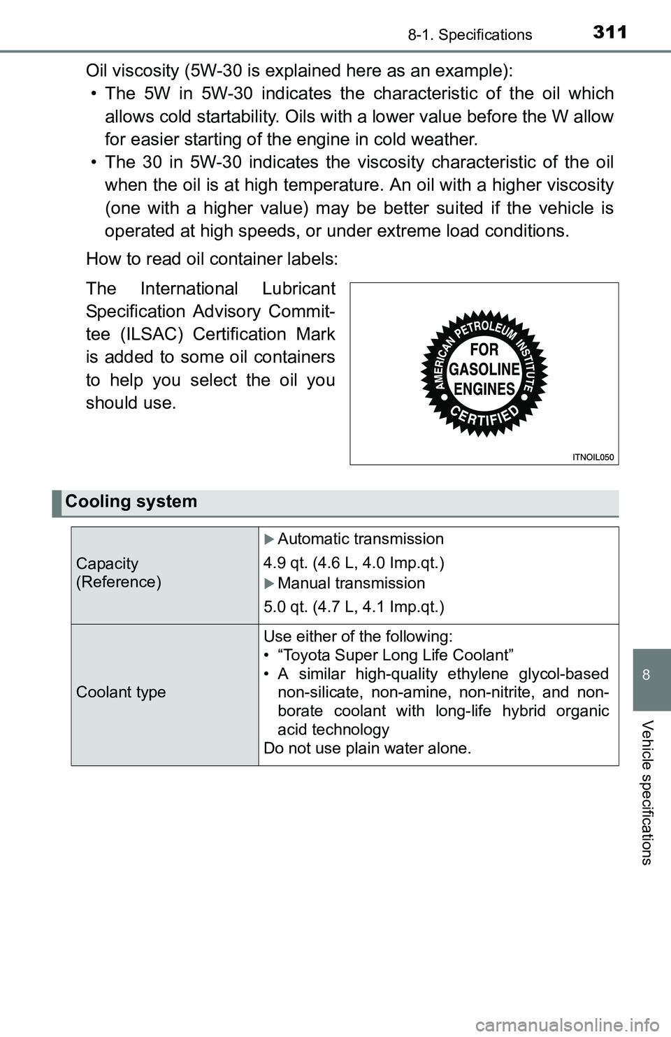 TOYOTA YARIS HATCHBACK 2016 Owners Manual 3118-1. Specifications
8
Vehicle specifications
Oil viscosity (5W-30 is explained here as an example): • The 5W in 5W-30 indicates the characteristic of the oil which
allows cold startability. Oils TOYOTA YARIS HATCHBACK 2016 Owners Manual 3118-1. Specifications
8
Vehicle specifications
Oil viscosity (5W-30 is explained here as an example): • The 5W in 5W-30 indicates the characteristic of the oil which
allows cold startability. Oils