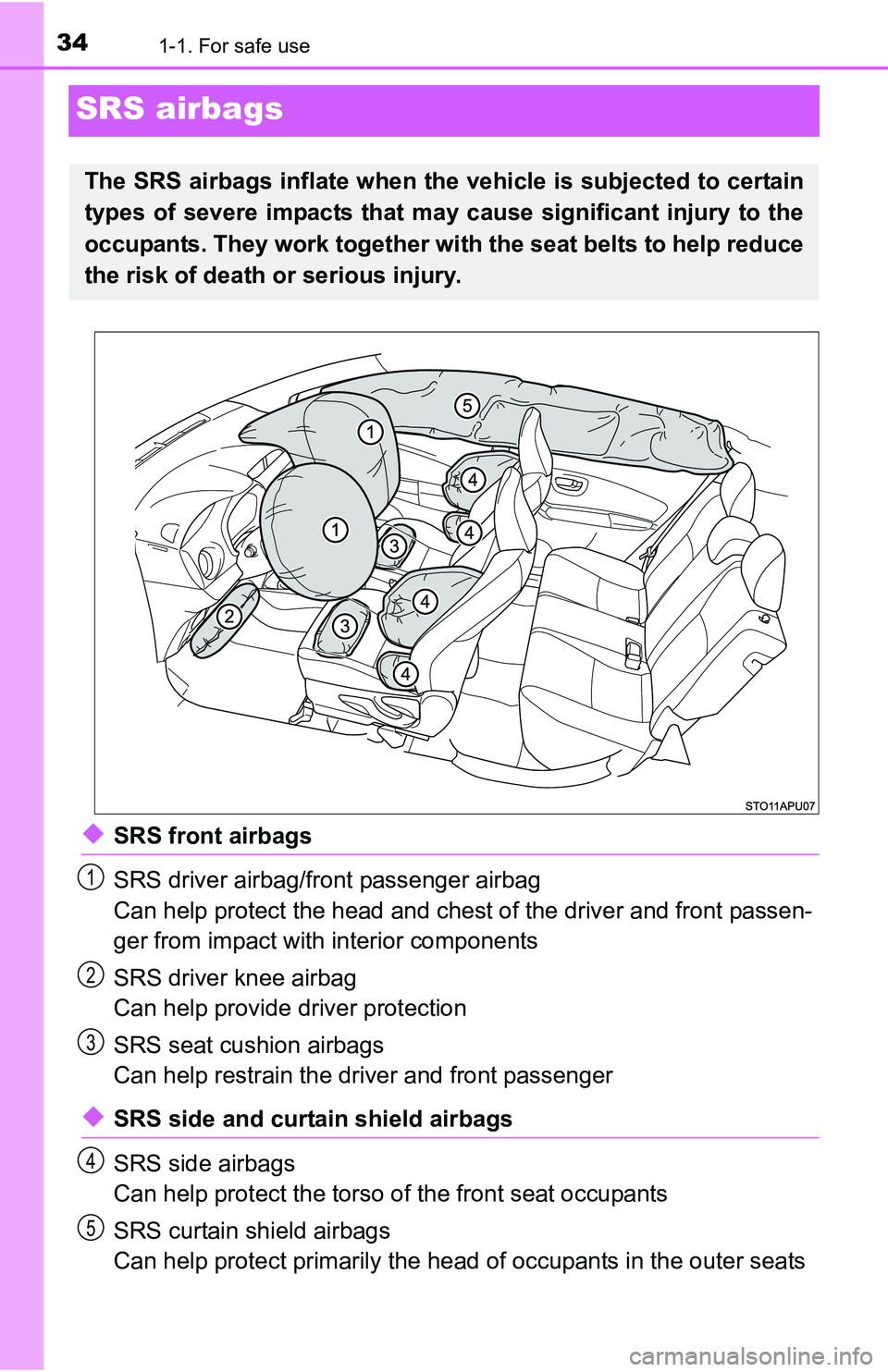 TOYOTA YARIS HATCHBACK 2016 Owners Guide 341-1. For safe use
SRS airbags
◆SRS front airbags
SRS driver airbag/front passenger airbag
Can help protect the head and chest of the driver and front passen-
ger from impact with interior componen TOYOTA YARIS HATCHBACK 2016 Owners Guide 341-1. For safe use
SRS airbags
◆SRS front airbags
SRS driver airbag/front passenger airbag
Can help protect the head and chest of the driver and front passen-
ger from impact with interior componen