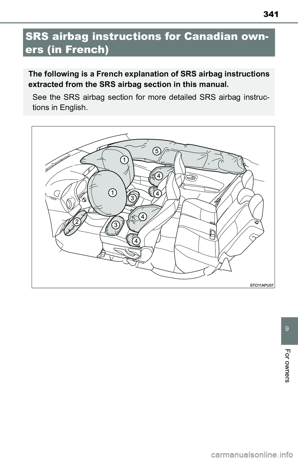TOYOTA YARIS HATCHBACK 2016 Owners Manual 341
9
For owners
SRS airbag instructions for Canadian own-
ers (in French)
The following is a French explanation of SRS airbag instructions
extracted from the SRS airbag section in this manual.
See th TOYOTA YARIS HATCHBACK 2016 Owners Manual 341
9
For owners
SRS airbag instructions for Canadian own-
ers (in French)
The following is a French explanation of SRS airbag instructions
extracted from the SRS airbag section in this manual.
See th