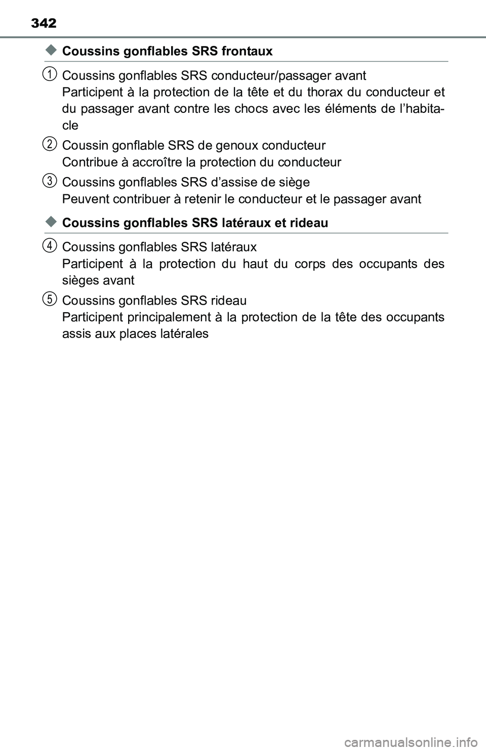 TOYOTA YARIS HATCHBACK 2016 Owners Manual 342
◆Coussins gonflables SRS frontaux
Coussins gonflables SRS conducteur/passager avant
Participent à la protection de la tête et du thorax du conducteur et
du passager avant contre les choc s av TOYOTA YARIS HATCHBACK 2016 Owners Manual 342
◆Coussins gonflables SRS frontaux
Coussins gonflables SRS conducteur/passager avant
Participent à la protection de la tête et du thorax du conducteur et
du passager avant contre les choc s av