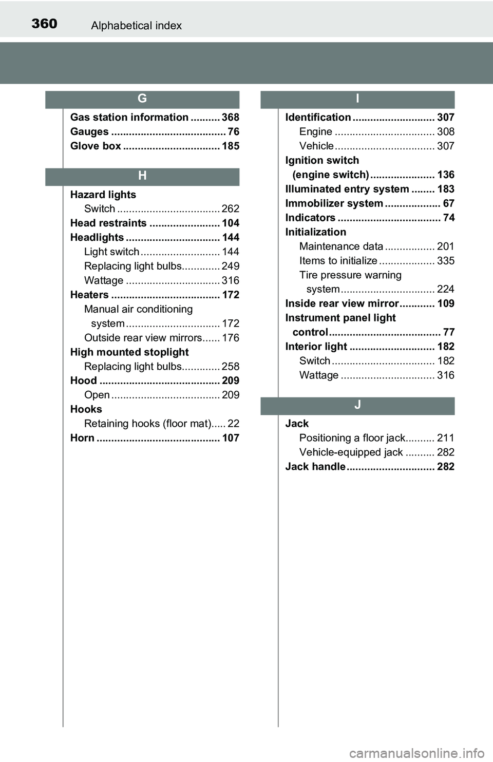 TOYOTA YARIS HATCHBACK 2016 Owners Manual 360Alphabetical index
Gas station information .......... 368
Gauges ....................................... 76
Glove box ................................. 185
Hazard lightsSwitch ..................... TOYOTA YARIS HATCHBACK 2016 Owners Manual 360Alphabetical index
Gas station information .......... 368
Gauges ....................................... 76
Glove box ................................. 185
Hazard lightsSwitch .....................