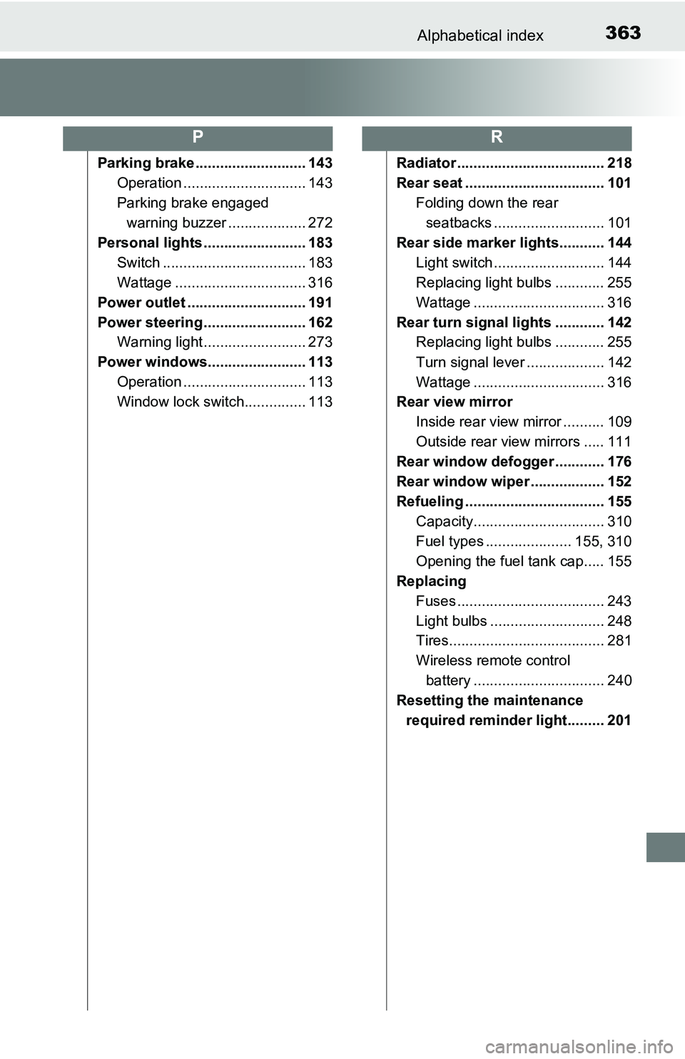 TOYOTA YARIS HATCHBACK 2016 Owners Manual 363Alphabetical index
Parking brake ........................... 143Operation .............................. 143
Parking brake engaged warning buzzer ................... 272
Personal lights ........... TOYOTA YARIS HATCHBACK 2016 Owners Manual 363Alphabetical index
Parking brake ........................... 143Operation .............................. 143
Parking brake engaged warning buzzer ................... 272
Personal lights ...........