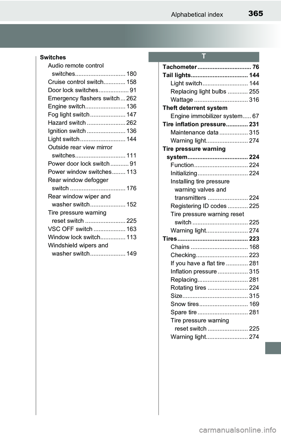 TOYOTA YARIS HATCHBACK 2016 Owners Manual 365Alphabetical index
SwitchesAudio remote control switches.............................. 180
Cruise control switch............. 158
Door lock switches .................. 91
Emergency flashers switch TOYOTA YARIS HATCHBACK 2016 Owners Manual 365Alphabetical index
SwitchesAudio remote control switches.............................. 180
Cruise control switch............. 158
Door lock switches .................. 91
Emergency flashers switch