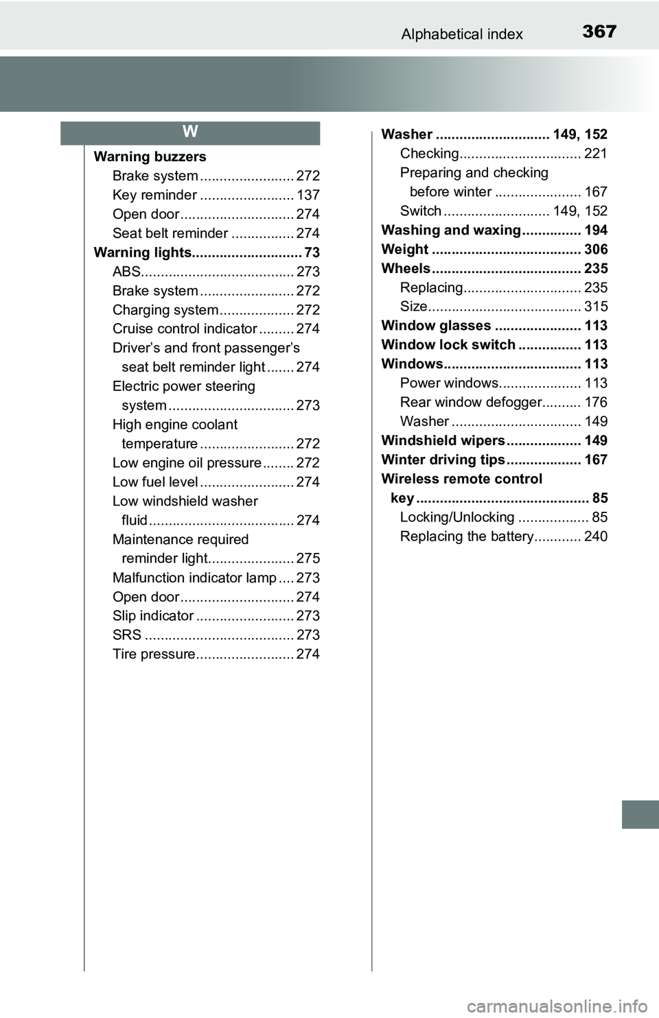 TOYOTA YARIS HATCHBACK 2016 Owners Manual 367Alphabetical index
Warning buzzersBrake system ....... ................. 272
Key reminder ........................ 137
Open door ............................. 274
Seat belt reminder ............... TOYOTA YARIS HATCHBACK 2016 Owners Manual 367Alphabetical index
Warning buzzersBrake system ....... ................. 272
Key reminder ........................ 137
Open door ............................. 274
Seat belt reminder ...............