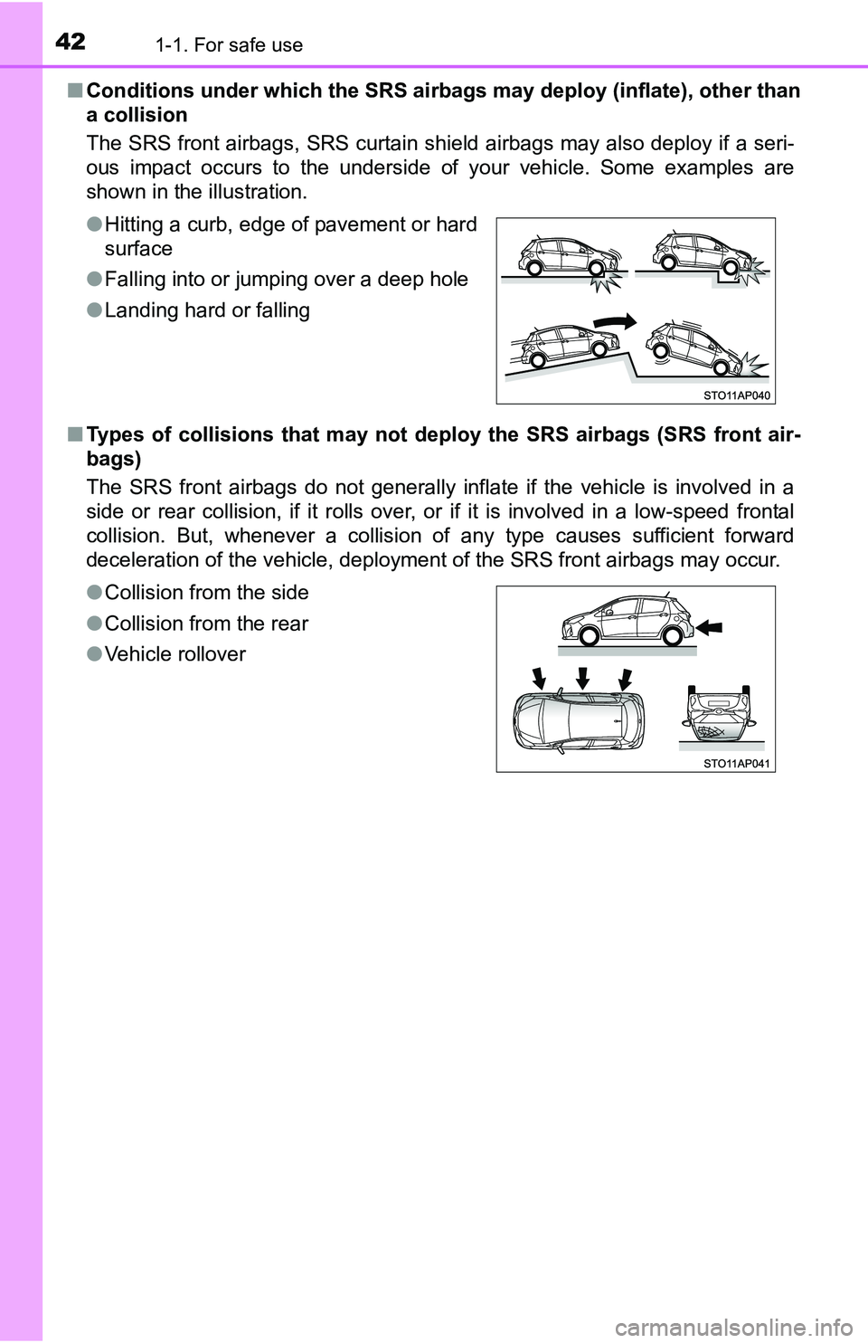 TOYOTA YARIS HATCHBACK 2016 Service Manual 421-1. For safe use
■Conditions under which the SRS airbags may deploy (inflate), other than
a collision
The SRS front airbags, SRS curtain shield airbags may also deploy if a seri-
ous impact occu TOYOTA YARIS HATCHBACK 2016 Service Manual 421-1. For safe use
■Conditions under which the SRS airbags may deploy (inflate), other than
a collision
The SRS front airbags, SRS curtain shield airbags may also deploy if a seri-
ous impact occu