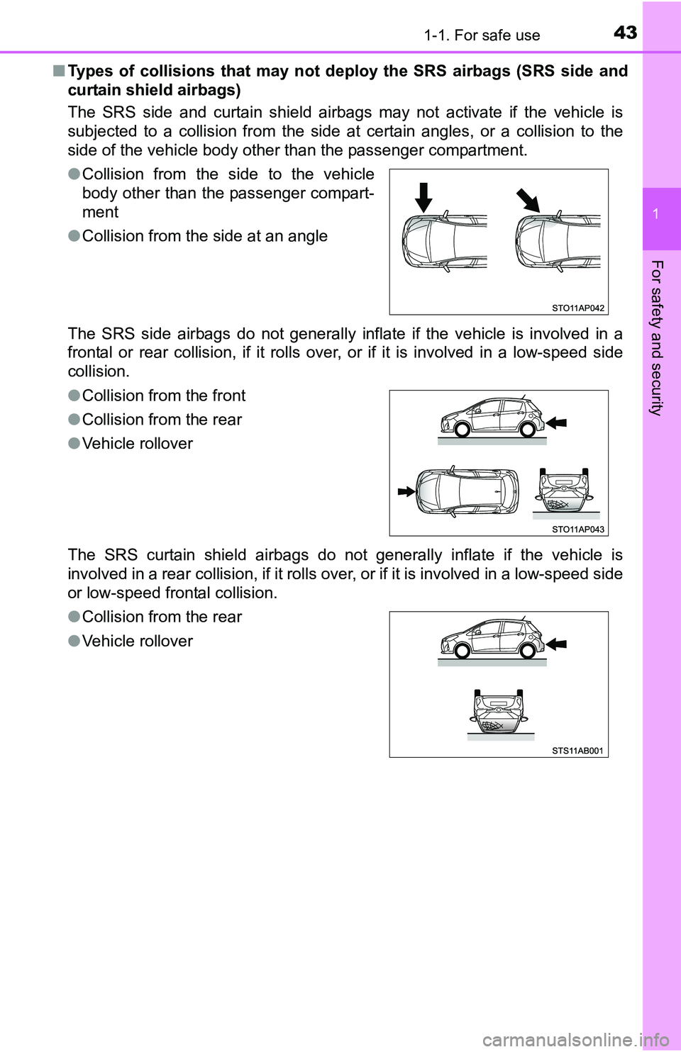 TOYOTA YARIS HATCHBACK 2016 Service Manual 431-1. For safe use
1
For safety and security
■Types of collisions that may not deploy the SRS airbags (SRS side and
curtain shield airbags)
The SRS side and curtain shield airbags may not activate TOYOTA YARIS HATCHBACK 2016 Service Manual 431-1. For safe use
1
For safety and security
■Types of collisions that may not deploy the SRS airbags (SRS side and
curtain shield airbags)
The SRS side and curtain shield airbags may not activate