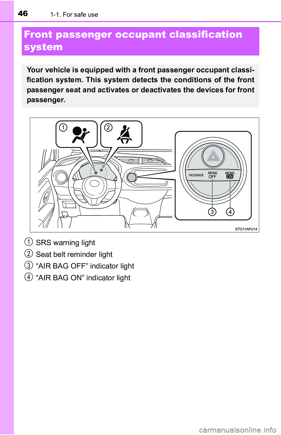 TOYOTA YARIS HATCHBACK 2016 Service Manual 461-1. For safe use
Front passenger occupant classification
system
SRS warning light
Seat belt reminder light
“AIR BAG OFF” indicator light
“AIR BAG ON” indicator light
Your vehicle is equipp TOYOTA YARIS HATCHBACK 2016 Service Manual 461-1. For safe use
Front passenger occupant classification
system
SRS warning light
Seat belt reminder light
“AIR BAG OFF” indicator light
“AIR BAG ON” indicator light
Your vehicle is equipp