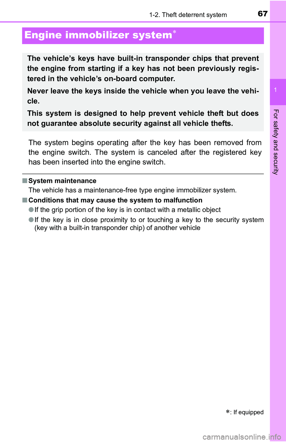 TOYOTA YARIS HATCHBACK 2016 Repair Manual 671-2. Theft deterrent system
1
For safety and security
Engine immobilizer system
The system begins operating after the key has been removed from
the engine switch. The system is canceled after the TOYOTA YARIS HATCHBACK 2016 Repair Manual 671-2. Theft deterrent system
1
For safety and security
Engine immobilizer system
The system begins operating after the key has been removed from
the engine switch. The system is canceled after the