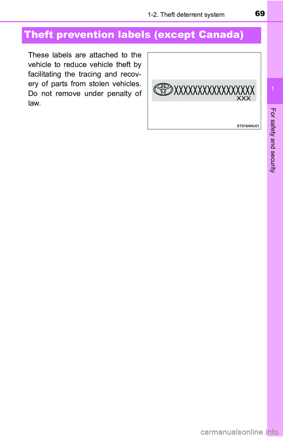 TOYOTA YARIS HATCHBACK 2016 Repair Manual 691-2. Theft deterrent system
1
For safety and security
Theft prevention labels (except Canada)
These labels are attached to the
vehicle to reduce vehicle theft by
facilitating the tracing and recov-
TOYOTA YARIS HATCHBACK 2016 Repair Manual 691-2. Theft deterrent system
1
For safety and security
Theft prevention labels (except Canada)
These labels are attached to the
vehicle to reduce vehicle theft by
facilitating the tracing and recov-