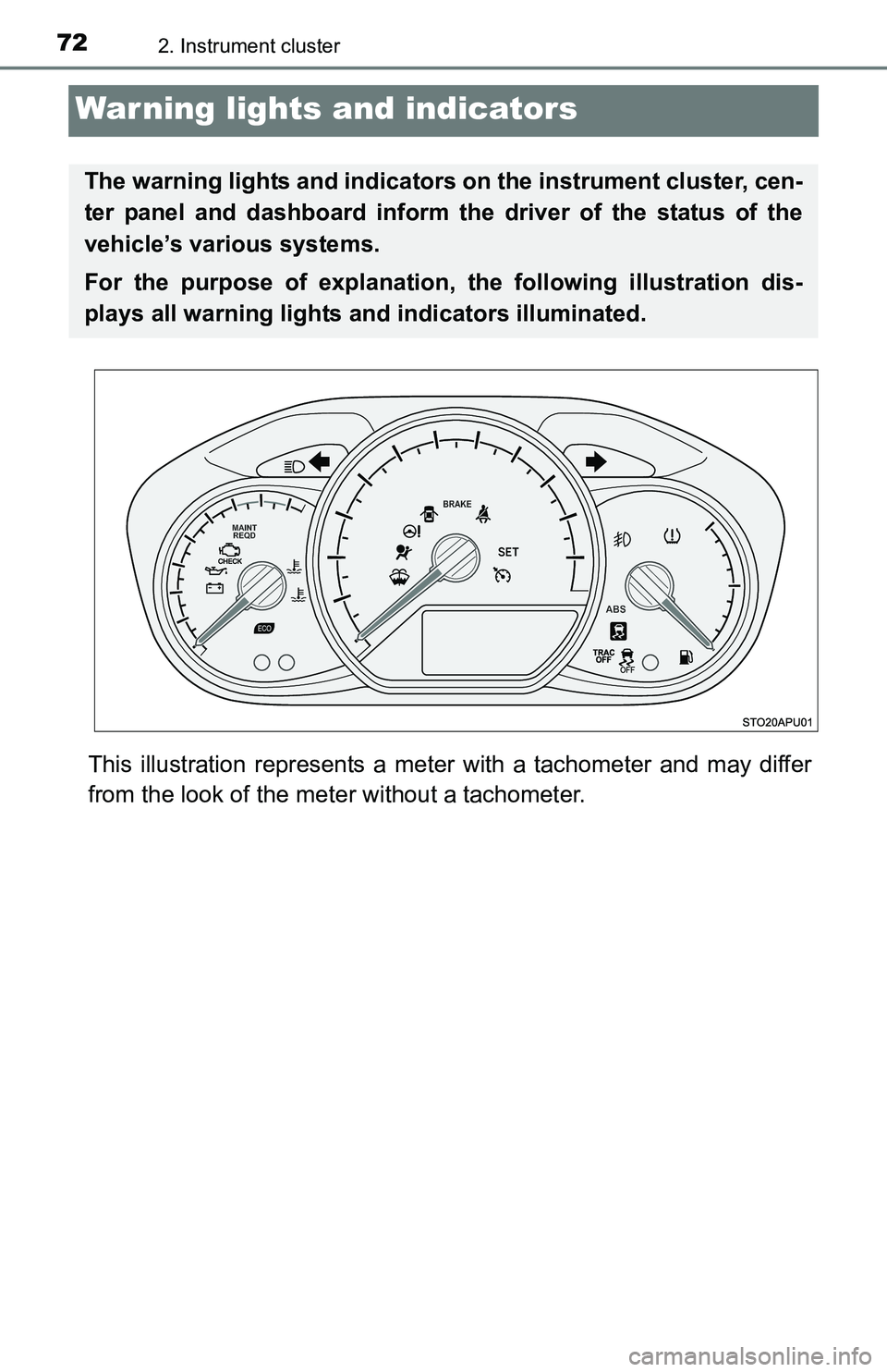 TOYOTA YARIS HATCHBACK 2016 Manual PDF 722. Instrument cluster
Warning lights and indicators
This illustration represents a meter with a tachometer and may differ
from the look of the meter without a tachometer.
The warning lights and indi TOYOTA YARIS HATCHBACK 2016 Manual PDF 722. Instrument cluster
Warning lights and indicators
This illustration represents a meter with a tachometer and may differ
from the look of the meter without a tachometer.
The warning lights and indi