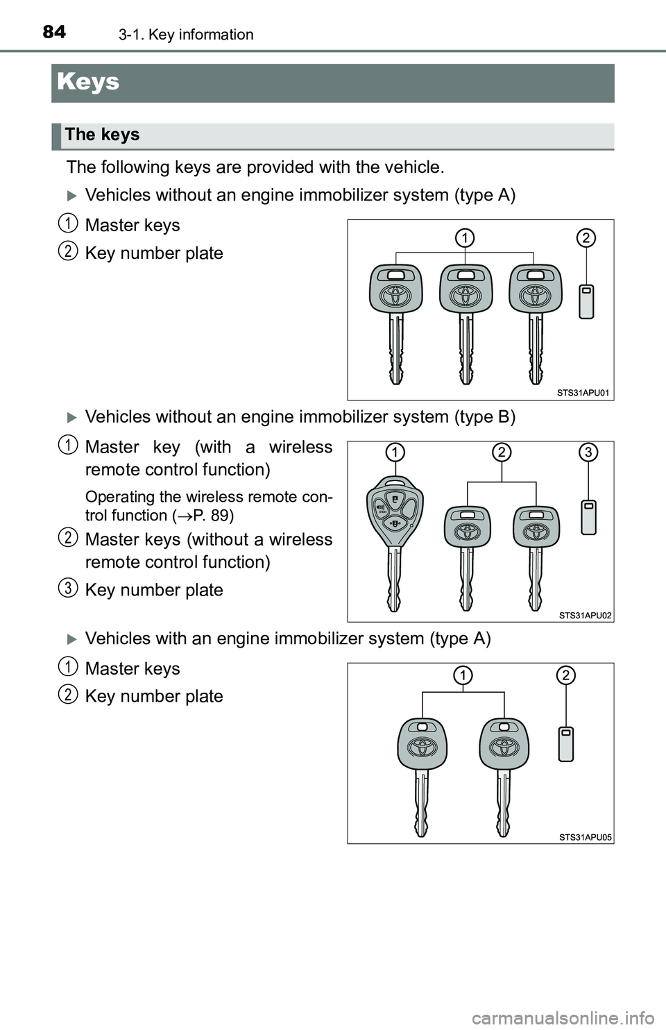 TOYOTA YARIS HATCHBACK 2016 Manual Online 843-1. Key information
Keys
The following keys are provided with the vehicle.
Vehicles without an engine immobilizer system (type A)
Master keys
Key number plate
Vehicles without an engine immo TOYOTA YARIS HATCHBACK 2016 Manual Online 843-1. Key information
Keys
The following keys are provided with the vehicle.
Vehicles without an engine immobilizer system (type A)
Master keys
Key number plate
Vehicles without an engine immo