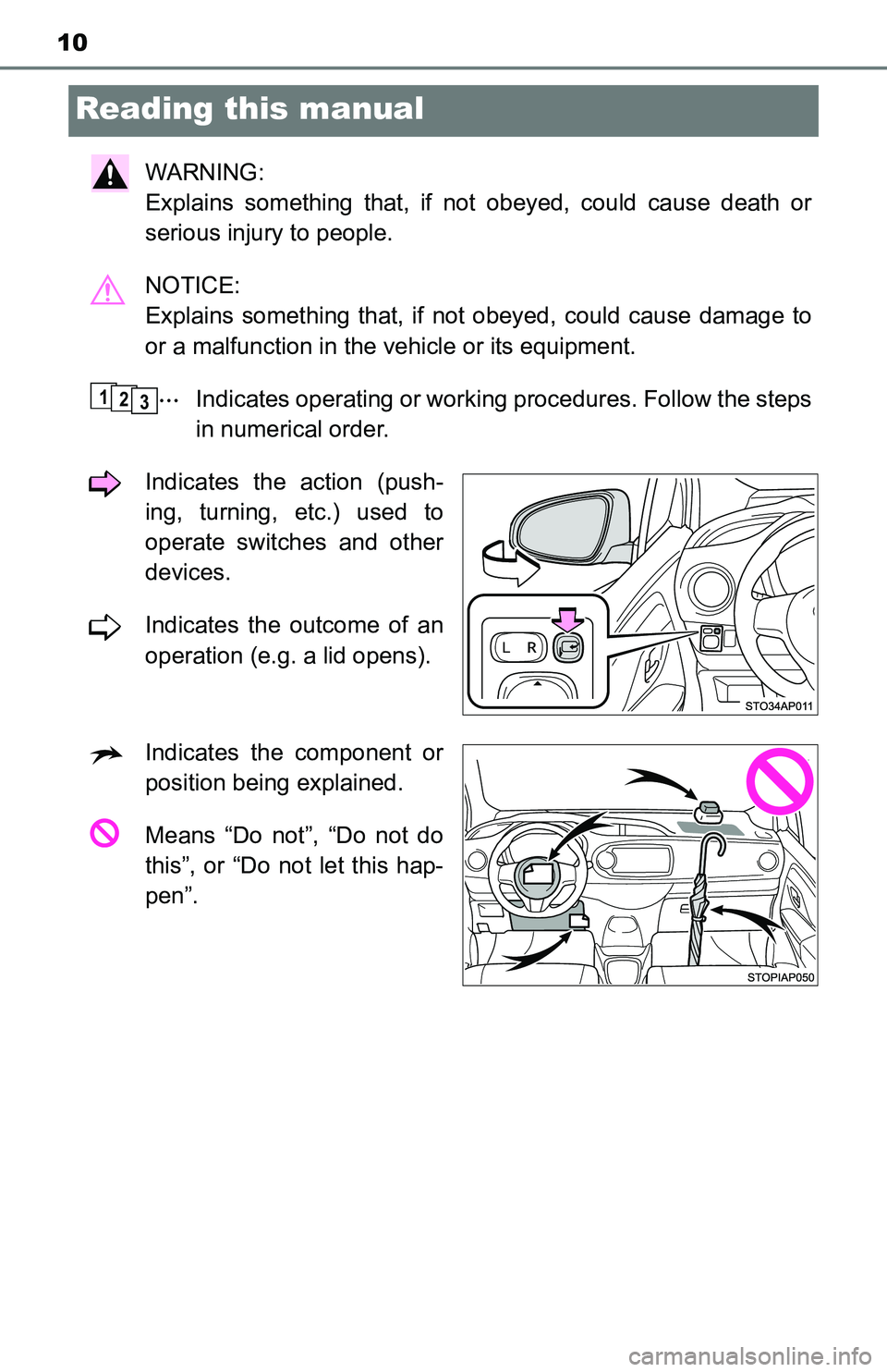 TOYOTA YARIS HATCHBACK 2016 Owners Manual 10
Reading this manual
WARNING:
Explains something that, if not obeyed, could cause death or
serious injury to people.
NOTICE:
Explains something that, if not obeyed, could cause damage to
or a malf TOYOTA YARIS HATCHBACK 2016 Owners Manual 10
Reading this manual
WARNING:
Explains something that, if not obeyed, could cause death or
serious injury to people.
NOTICE:
Explains something that, if not obeyed, could cause damage to
or a malf