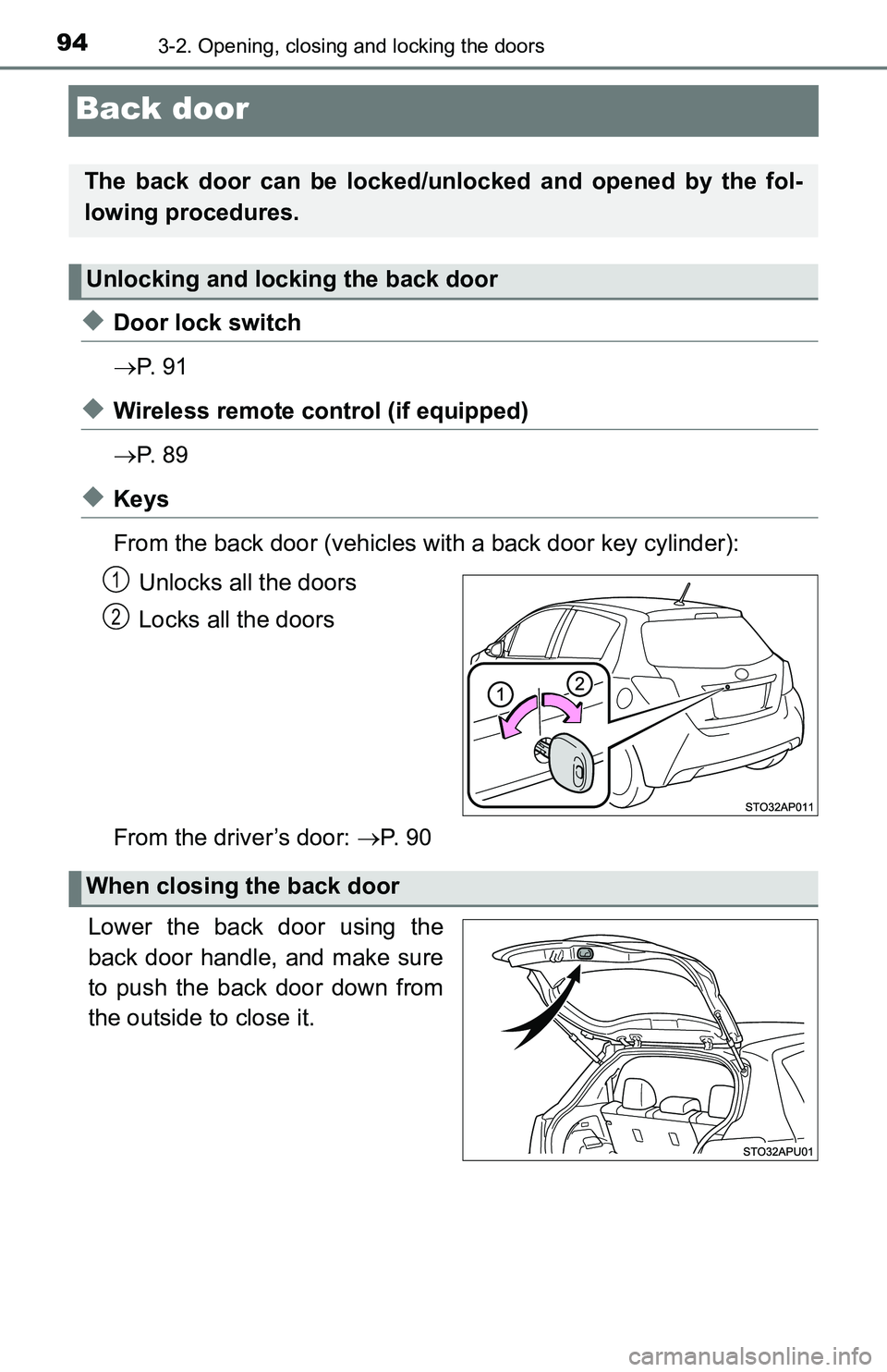 TOYOTA YARIS HATCHBACK 2016 Owners Manual 943-2. Opening, closing and locking the doors
Back door
◆Door lock switch
P. 9 1
◆Wireless remote control (if equipped)
P. 8 9
◆Keys
From the back door (vehicles with a back door key cyl TOYOTA YARIS HATCHBACK 2016 Owners Manual 943-2. Opening, closing and locking the doors
Back door
◆Door lock switch
P. 9 1
◆Wireless remote control (if equipped)
P. 8 9
◆Keys
From the back door (vehicles with a back door key cyl