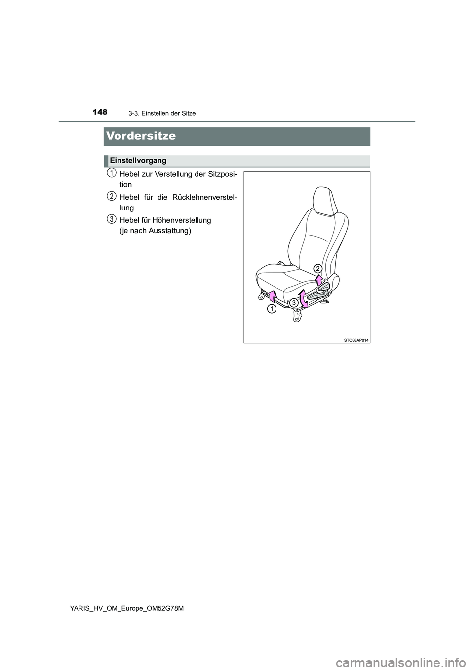 TOYOTA YARIS HATCHBACK 2016  Betriebsanleitungen (in German) 1483-3. Einstellen der Sitze
YARIS_HV_OM_Europe_OM52G78M
Vordersitze
Hebel zur Verstellung der Sitzposi- 
tion 
Hebel für die Rücklehnenverstel- 
lung 
Hebel für Höhenverstellung 
(je nach Ausstat