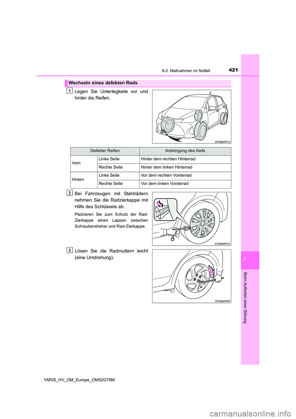 TOYOTA YARIS HATCHBACK 2016  Betriebsanleitungen (in German) 4218-2. Maßnahmen im Notfall
8
Beim Auftreten einer Störung
YARIS_HV_OM_Europe_OM52G78M
Legen Sie Unterlegkeile vor und 
hinter die Reifen. 
Bei Fahrzeugen mit Stahlrädern 
nehmen Sie die Radzierka