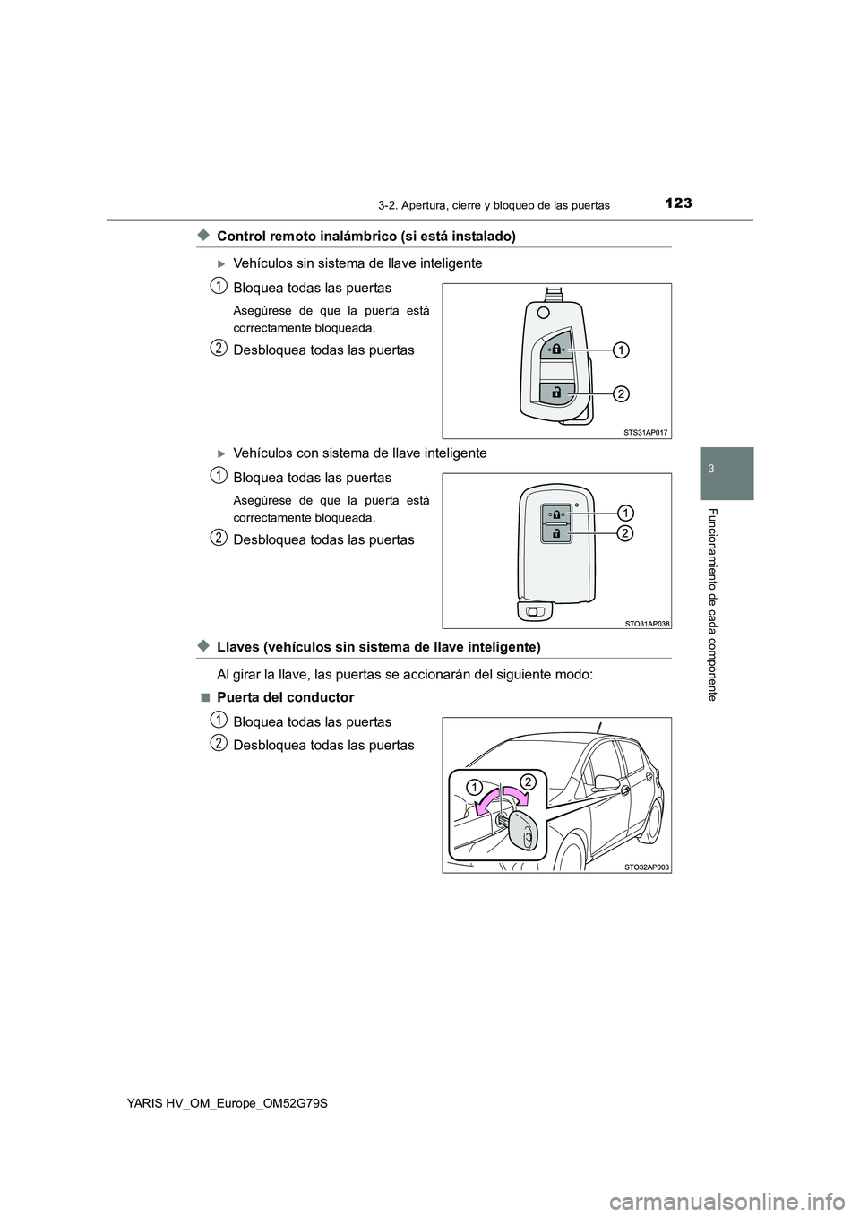 TOYOTA YARIS HATCHBACK 2016 Manual del propietario (in Spanish) 1233-2. Apertura, cierre y bloqueo de las puertas
3
Funcionamiento de cada componente
YARIS HV_OM_Europe_OM52G79S
◆Control remoto inalámbrico (si está instalado)
Vehículos sin sistema de llave TOYOTA YARIS HATCHBACK 2016 Manual del propietario (in Spanish) 1233-2. Apertura, cierre y bloqueo de las puertas
3
Funcionamiento de cada componente
YARIS HV_OM_Europe_OM52G79S
◆Control remoto inalámbrico (si está instalado)
Vehículos sin sistema de llave