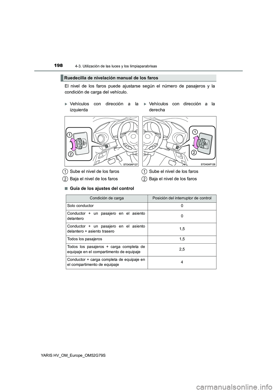 TOYOTA YARIS HATCHBACK 2016 Manual del propietario (in Spanish) 1984-3. Utilización de las luces y los limpiaparabrisas
YARIS HV_OM_Europe_OM52G79S
El nivel de los faros puede ajustarse según el número de pasajeros y la
condición de carga del vehículo.
■Gu TOYOTA YARIS HATCHBACK 2016 Manual del propietario (in Spanish) 1984-3. Utilización de las luces y los limpiaparabrisas
YARIS HV_OM_Europe_OM52G79S
El nivel de los faros puede ajustarse según el número de pasajeros y la
condición de carga del vehículo.
■Gu