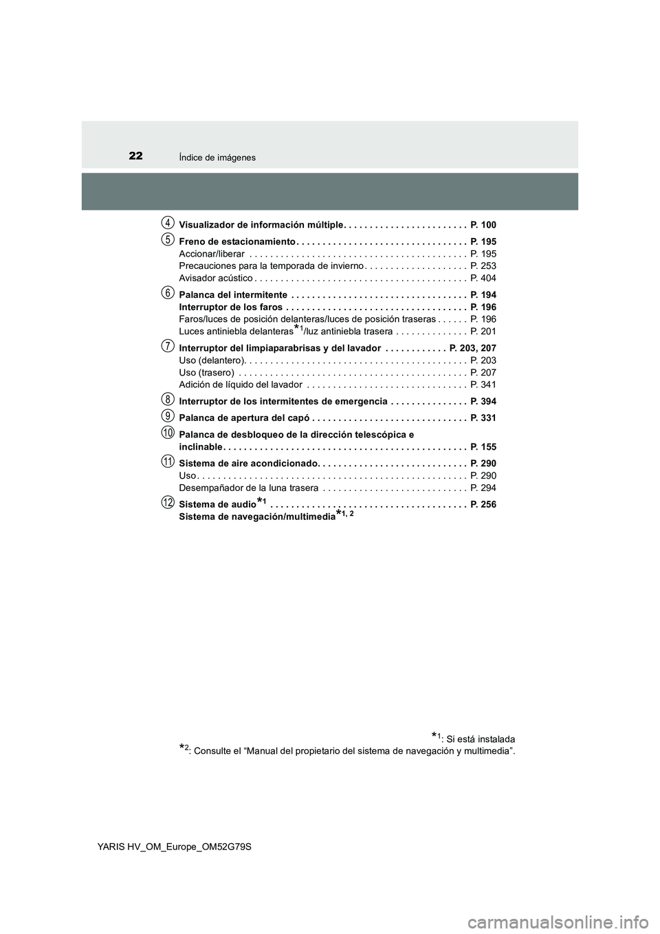 TOYOTA YARIS HATCHBACK 2016  Manual del propietario (in Spanish) 22Índice de imágenes
YARIS HV_OM_Europe_OM52G79S 
Visualizador de información múltiple. . . . . . . . . . . . . . . . . . . . . . . .  P. 100 
Freno de estacionamiento . . . . . . . . . . . . . . 