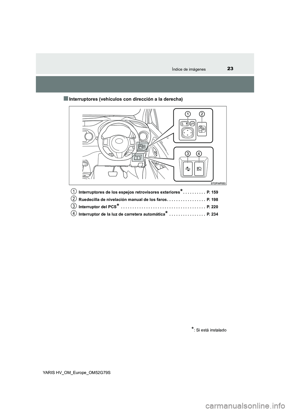 TOYOTA YARIS HATCHBACK 2016  Manual del propietario (in Spanish) 23Índice de imágenes
YARIS HV_OM_Europe_OM52G79S
■Interruptores (vehículos con dirección a la derecha)
Interruptores de los espejos retrovisores exteriores*. . . . . . . . . .  P. 159 
Ruedecill