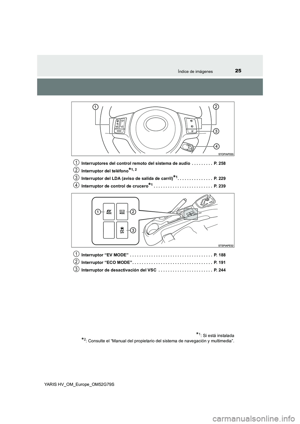 TOYOTA YARIS HATCHBACK 2016  Manual del propietario (in Spanish) 25Índice de imágenes
YARIS HV_OM_Europe_OM52G79S 
Interruptores del control remoto del sistema de audio  . . . . . . . . .  P. 258 
Interruptor del teléfono*1, 2
Interruptor del LDA (aviso de salid