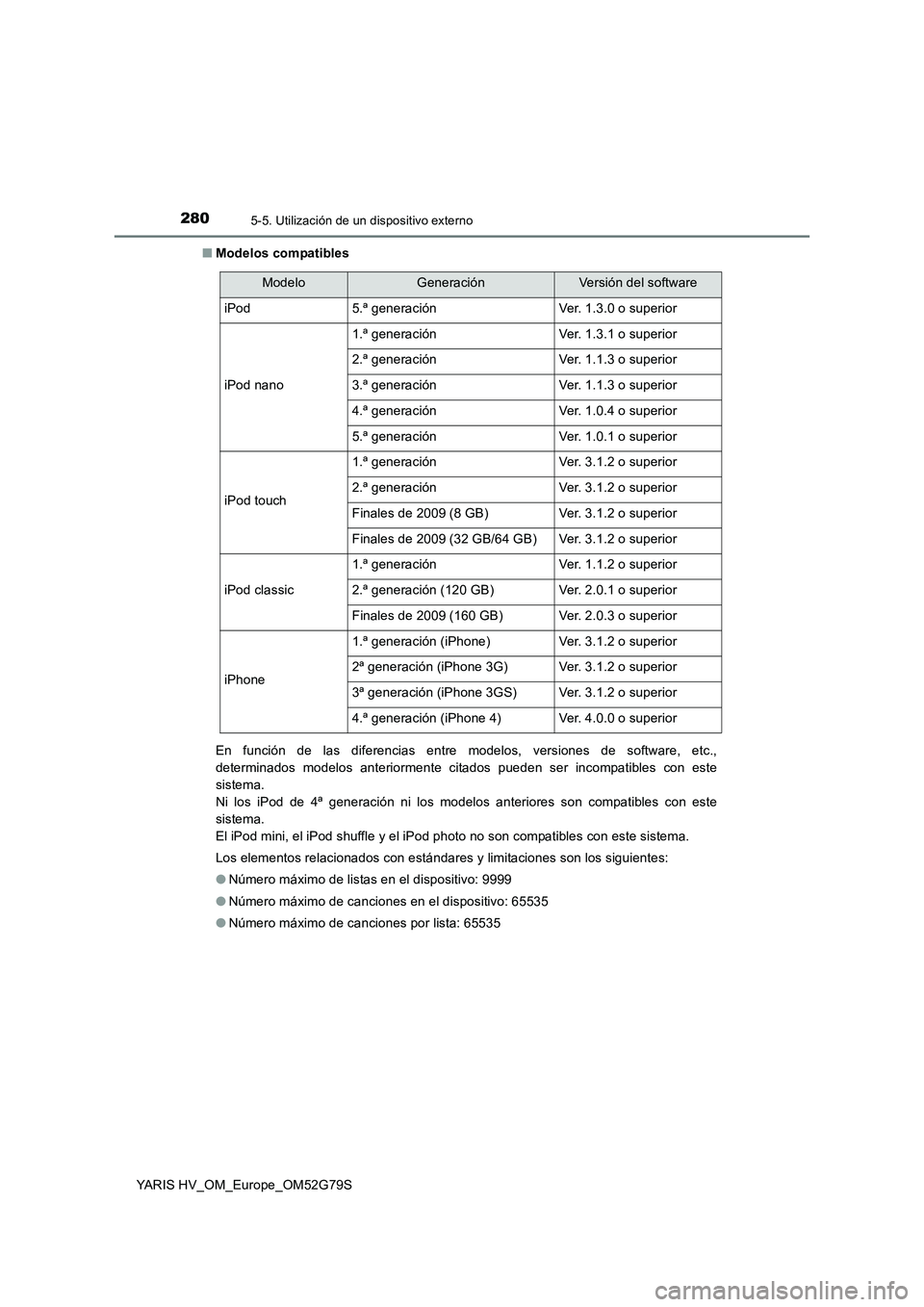 TOYOTA YARIS HATCHBACK 2016 Manual del propietario (in Spanish) 2805-5. Utilización de un dispositivo externo
YARIS HV_OM_Europe_OM52G79S
■ Modelos compatibles
En función de las diferencias entre modelos, versiones de software, etc.,
determinados modelos an TOYOTA YARIS HATCHBACK 2016 Manual del propietario (in Spanish) 2805-5. Utilización de un dispositivo externo
YARIS HV_OM_Europe_OM52G79S
■ Modelos compatibles
En función de las diferencias entre modelos, versiones de software, etc.,
determinados modelos an