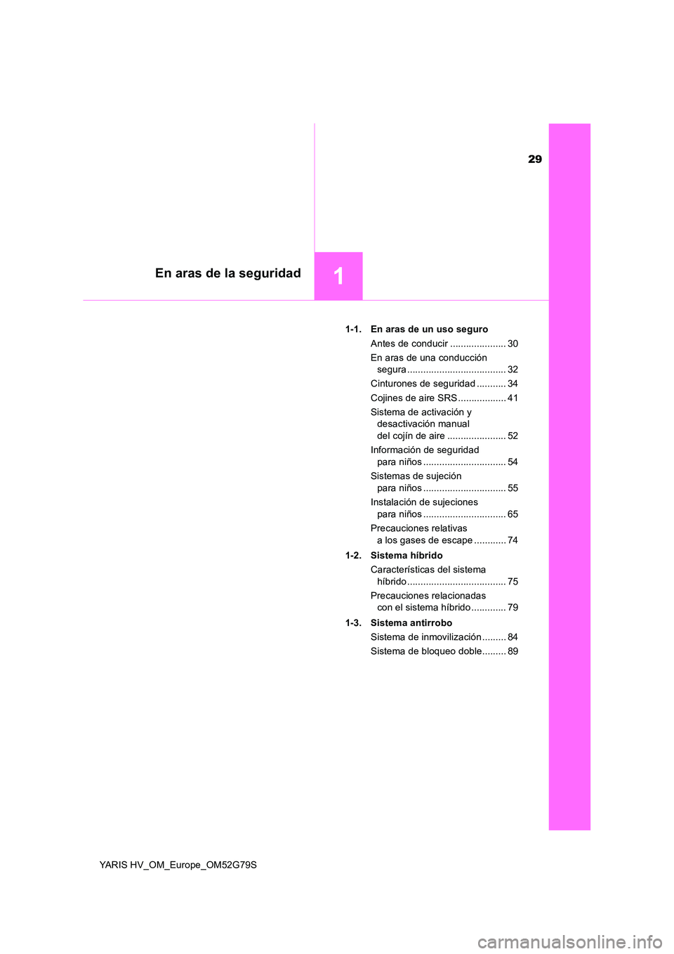 TOYOTA YARIS HATCHBACK 2016  Manual del propietario (in Spanish) 29
1En aras de la seguridad
YARIS HV_OM_Europe_OM52G79S 
1-1. En aras de un uso seguro 
Antes de conducir ..................... 30 
En aras de una conducción  
segura ................................