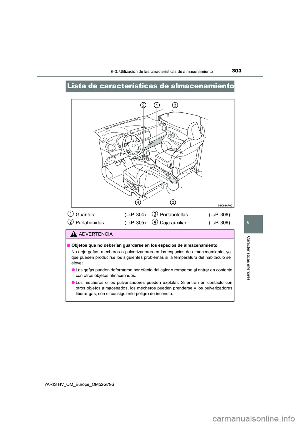 TOYOTA YARIS HATCHBACK 2016  Manual del propietario (in Spanish) 3036-3. Utilización de las características de almacenamiento
6
Características interiores
YARIS HV_OM_Europe_OM52G79S
Lista de características de almacenamiento
Guantera  (P. 304) 
Portabebidas